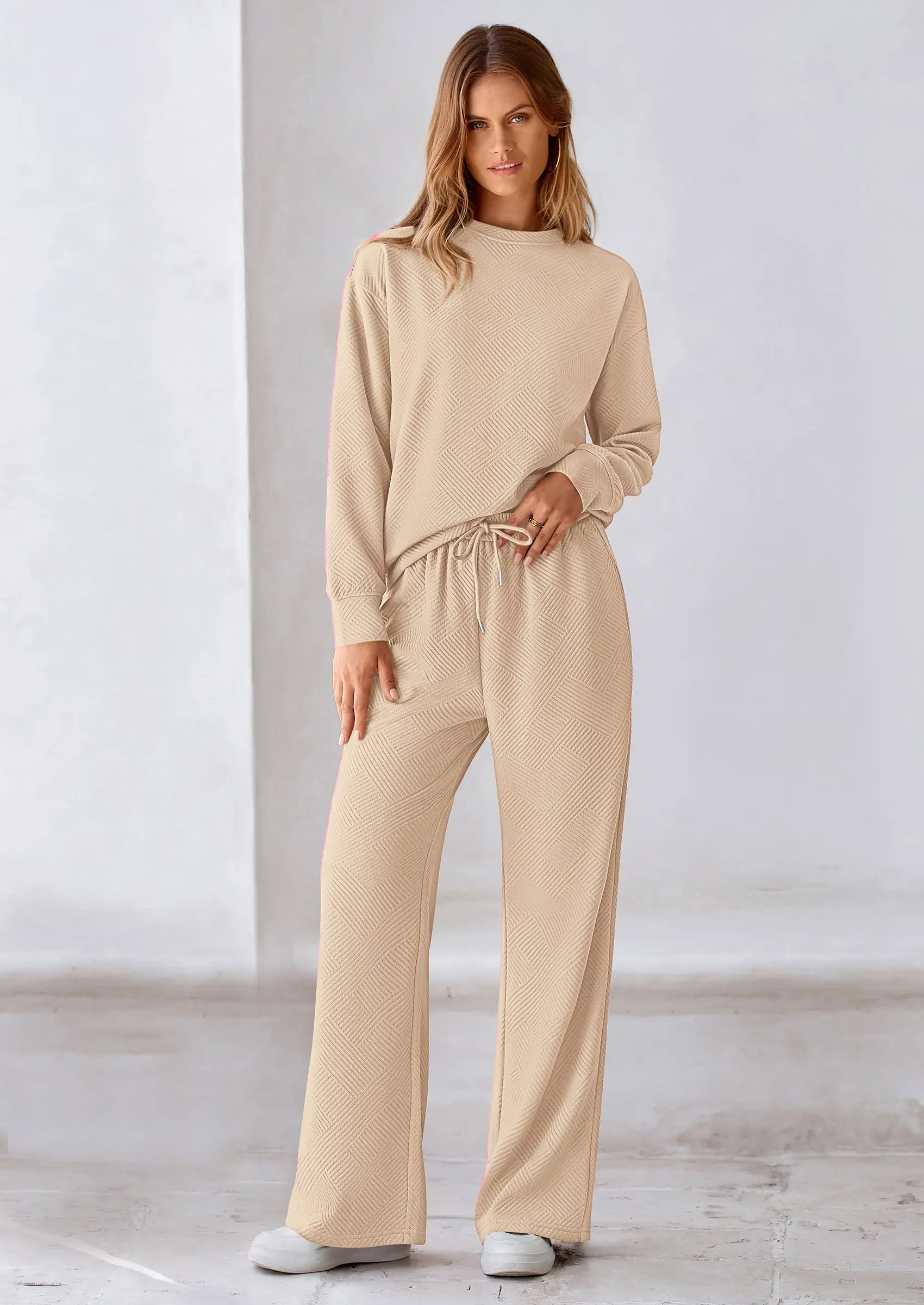 PRETTYGARDEN 2 Piece Long Sleeve Pullover Tops and Wide Leg Pants Knitted Lounge Sets - Image 8