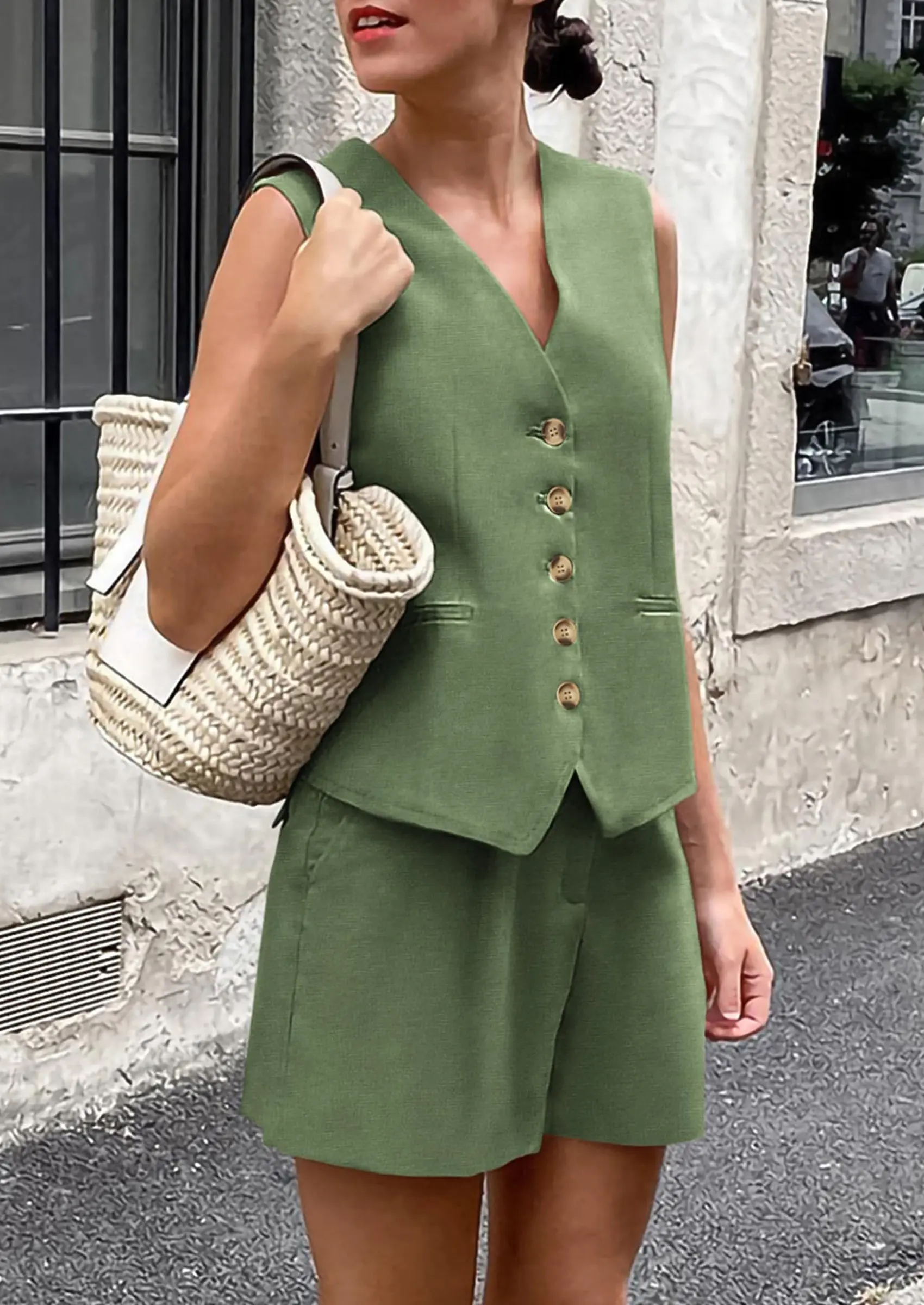 PRETTYGARDEN Women's Summer 2 Piece Outfits Sleeveless Matching Sets Button Down V Neck Vest Waistcoat and Pockets Shorts - Image 26