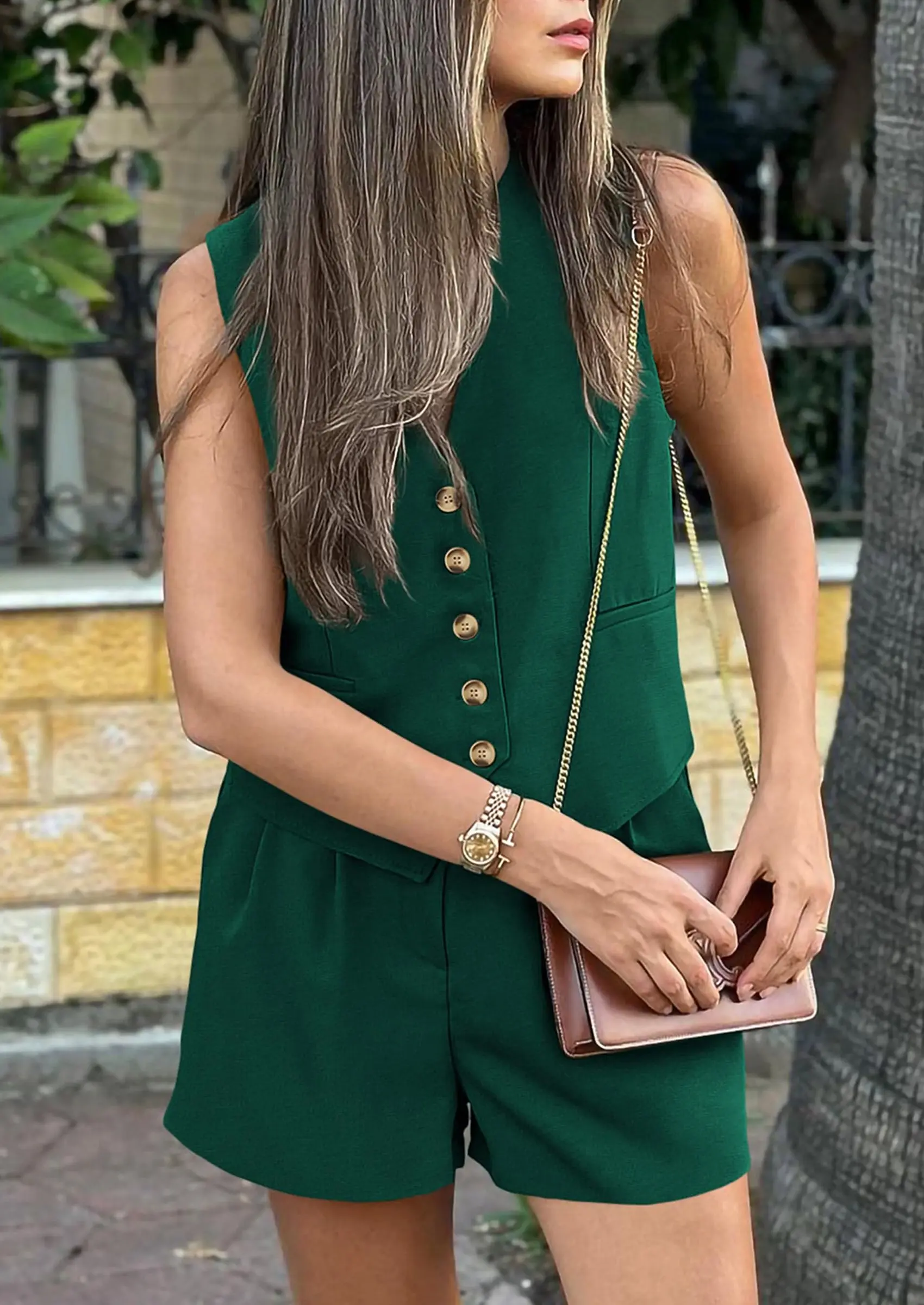 PRETTYGARDEN Women's Summer 2 Piece Outfits Sleeveless Matching Sets Button Down V Neck Vest Waistcoat and Pockets Shorts - Image 50