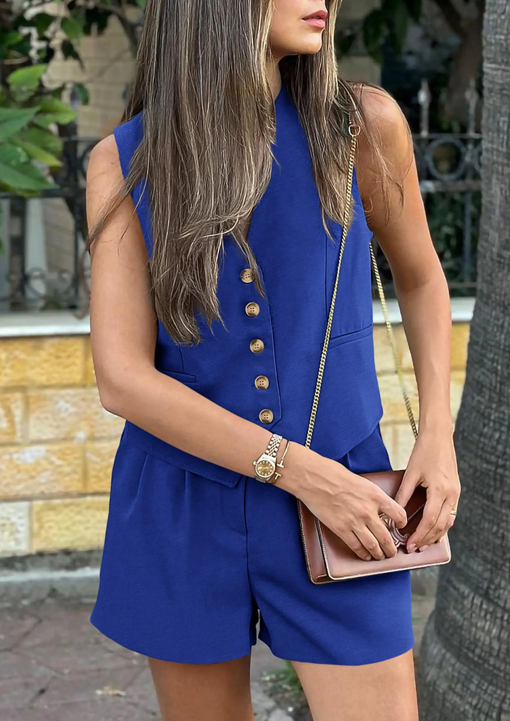 PRETTYGARDEN Women's Summer 2 Piece Outfits Sleeveless Matching Sets Button Down V Neck Vest Waistcoat and Pockets Shorts - Image 83