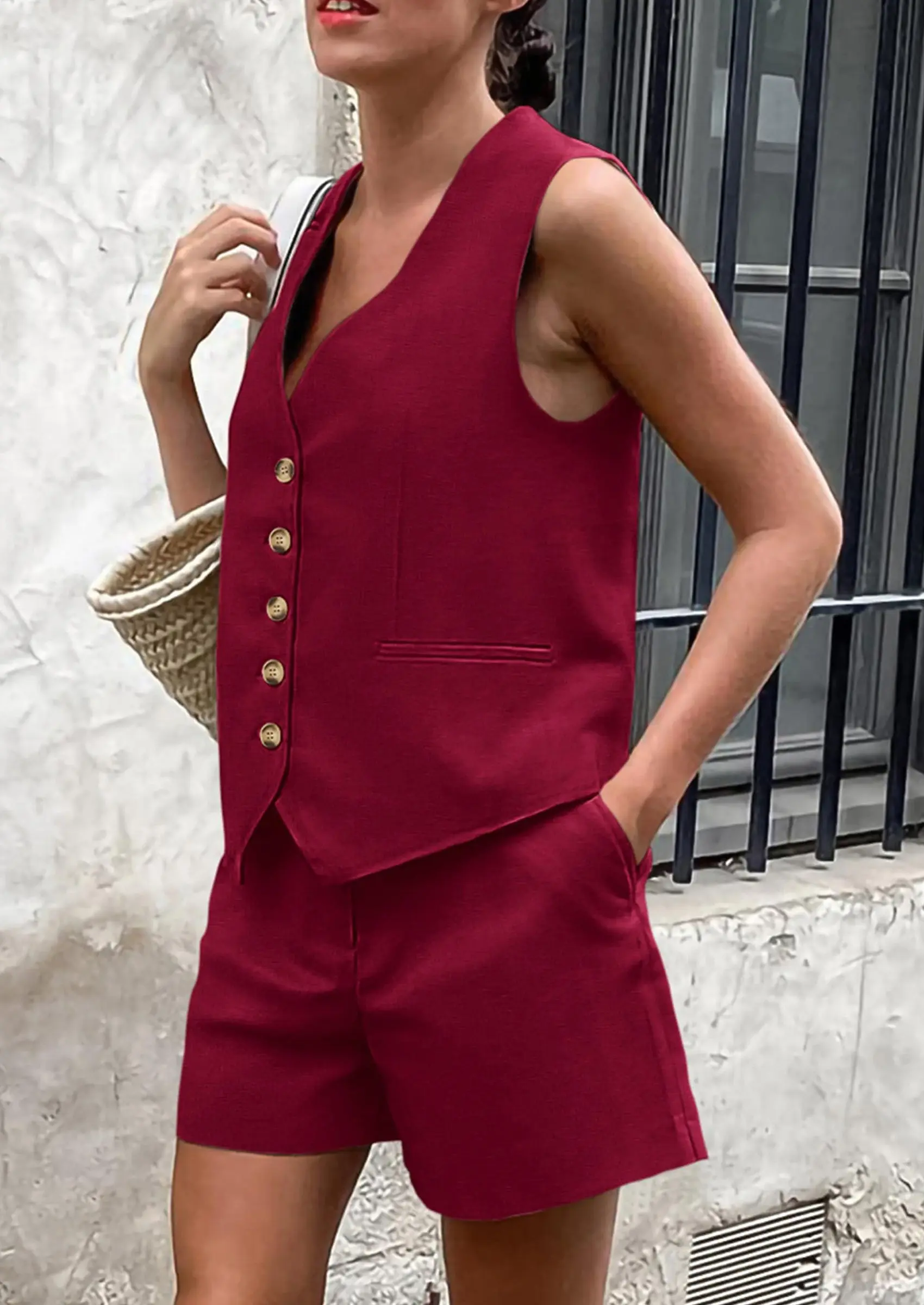 PRETTYGARDEN Women's Summer 2 Piece Outfits Sleeveless Matching Sets Button Down V Neck Vest Waistcoat and Pockets Shorts - Image 87