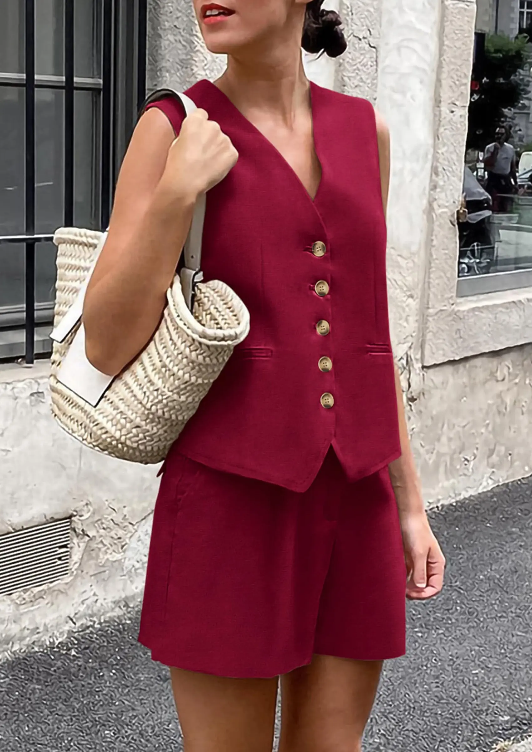 PRETTYGARDEN Women's Summer 2 Piece Outfits Sleeveless Matching Sets Button Down V Neck Vest Waistcoat and Pockets Shorts - Image 89