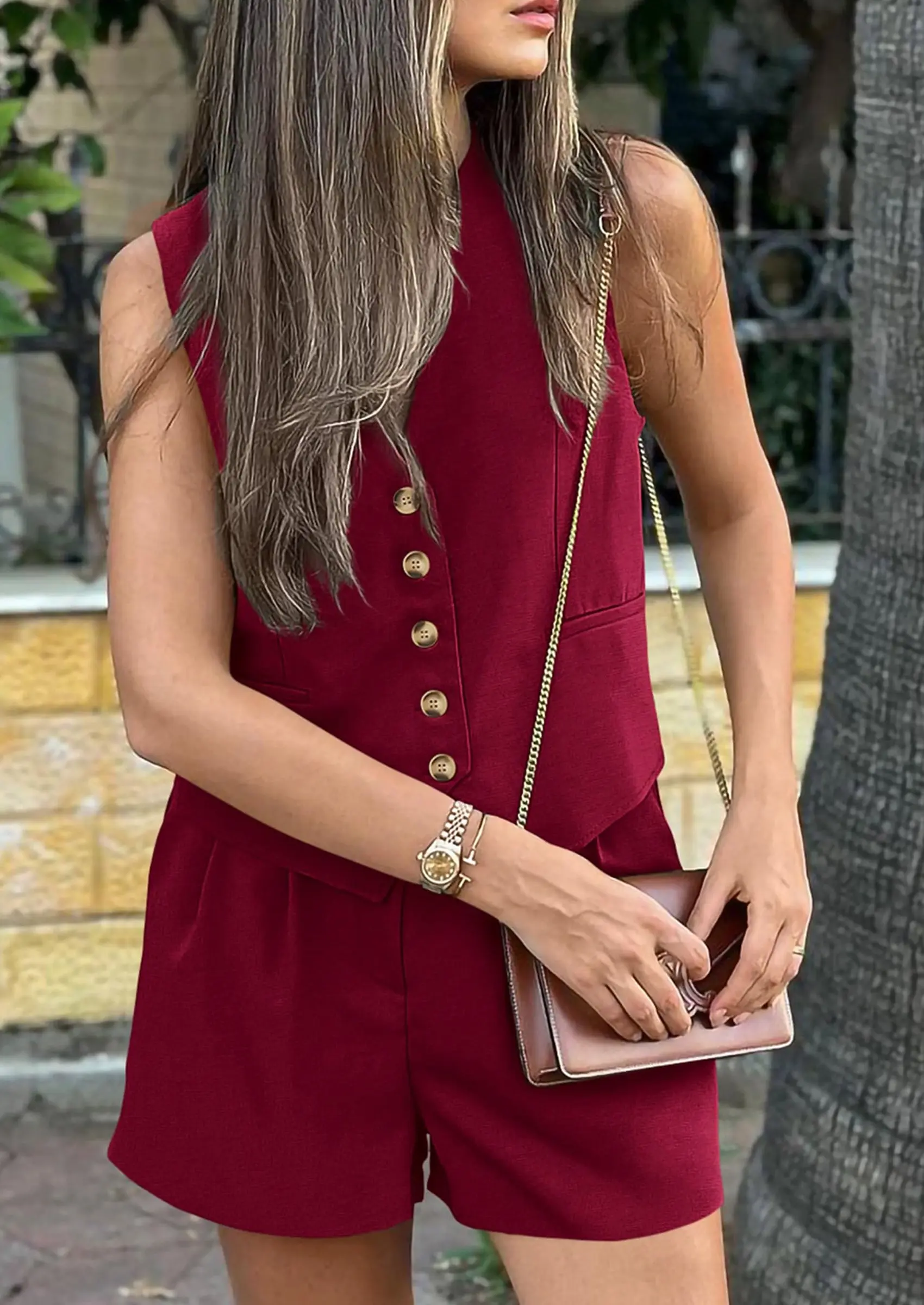 PRETTYGARDEN Women's Summer 2 Piece Outfits Sleeveless Matching Sets Button Down V Neck Vest Waistcoat and Pockets Shorts - Image 91