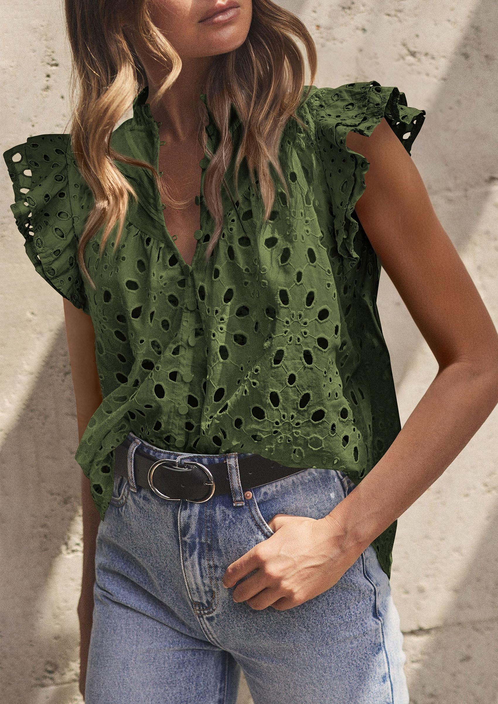 PRETTYGARDEN Womens Summer Tops 2025 Dressy Casual Ruffle Cap Sleeve Button V Neck Embroidered Eyelet Blouses Shirts - Image 10