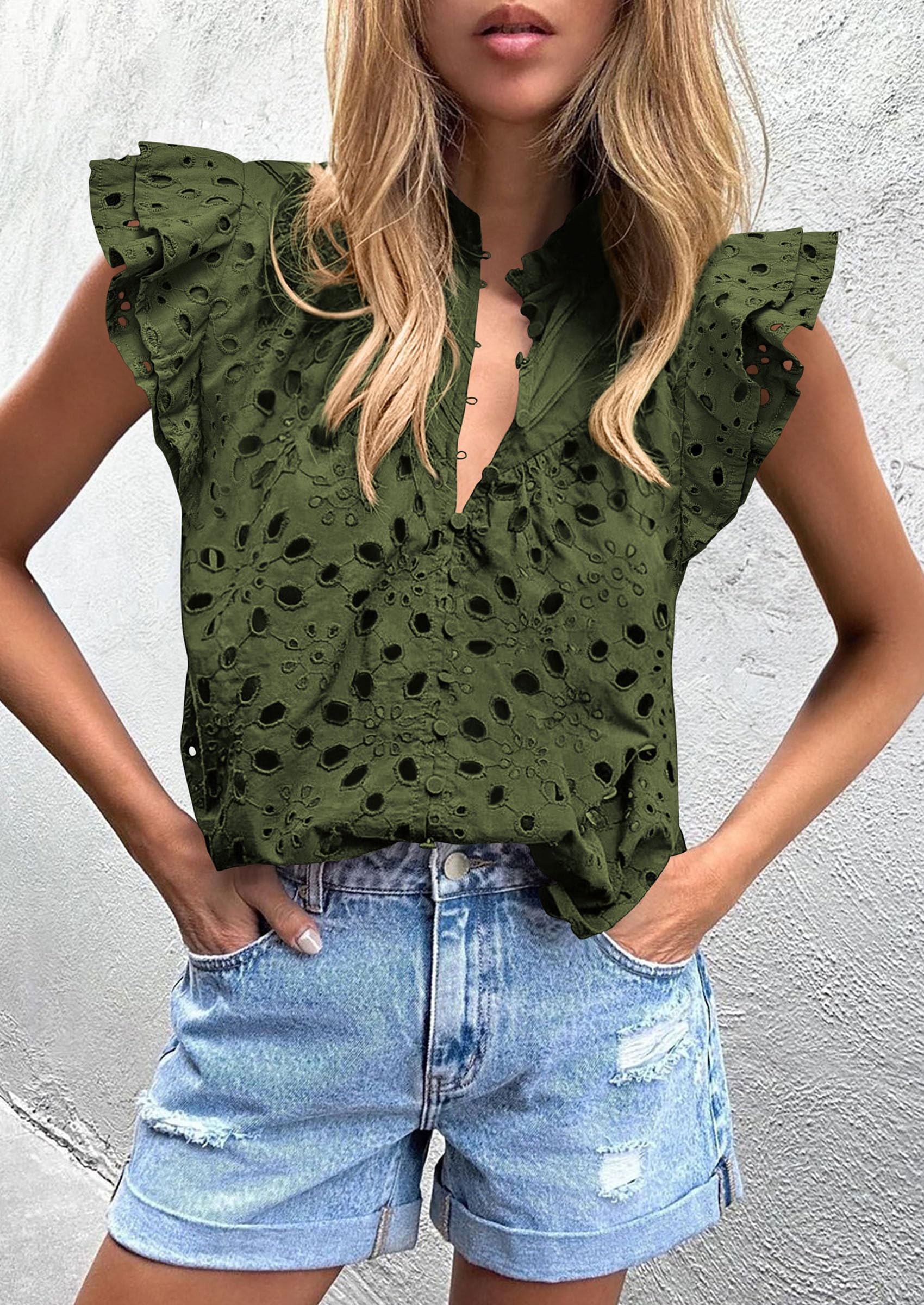 PRETTYGARDEN Womens Summer Tops 2025 Dressy Casual Ruffle Cap Sleeve Button V Neck Embroidered Eyelet Blouses Shirts - Image 12