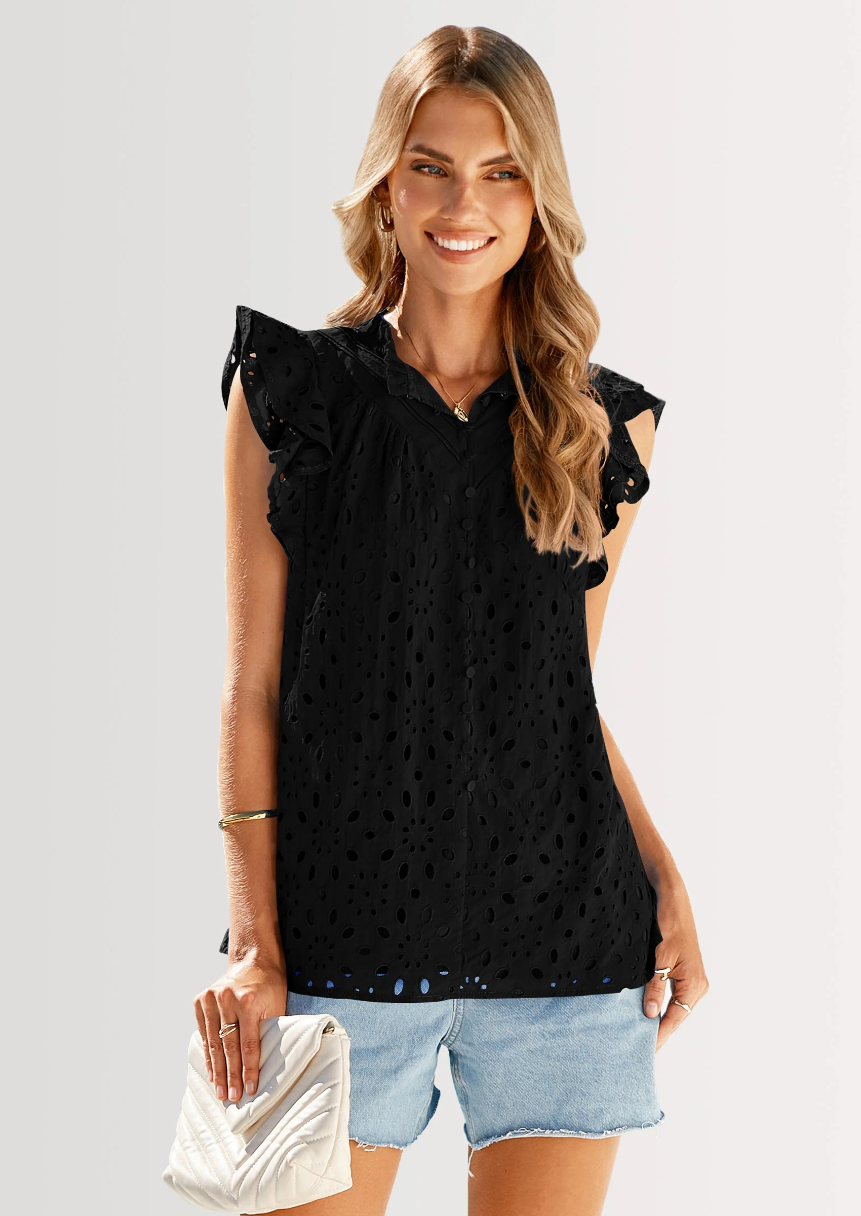 PRETTYGARDEN Womens Summer Tops 2025 Dressy Casual Ruffle Cap Sleeve Button V Neck Embroidered Eyelet Blouses Shirts - Image 14