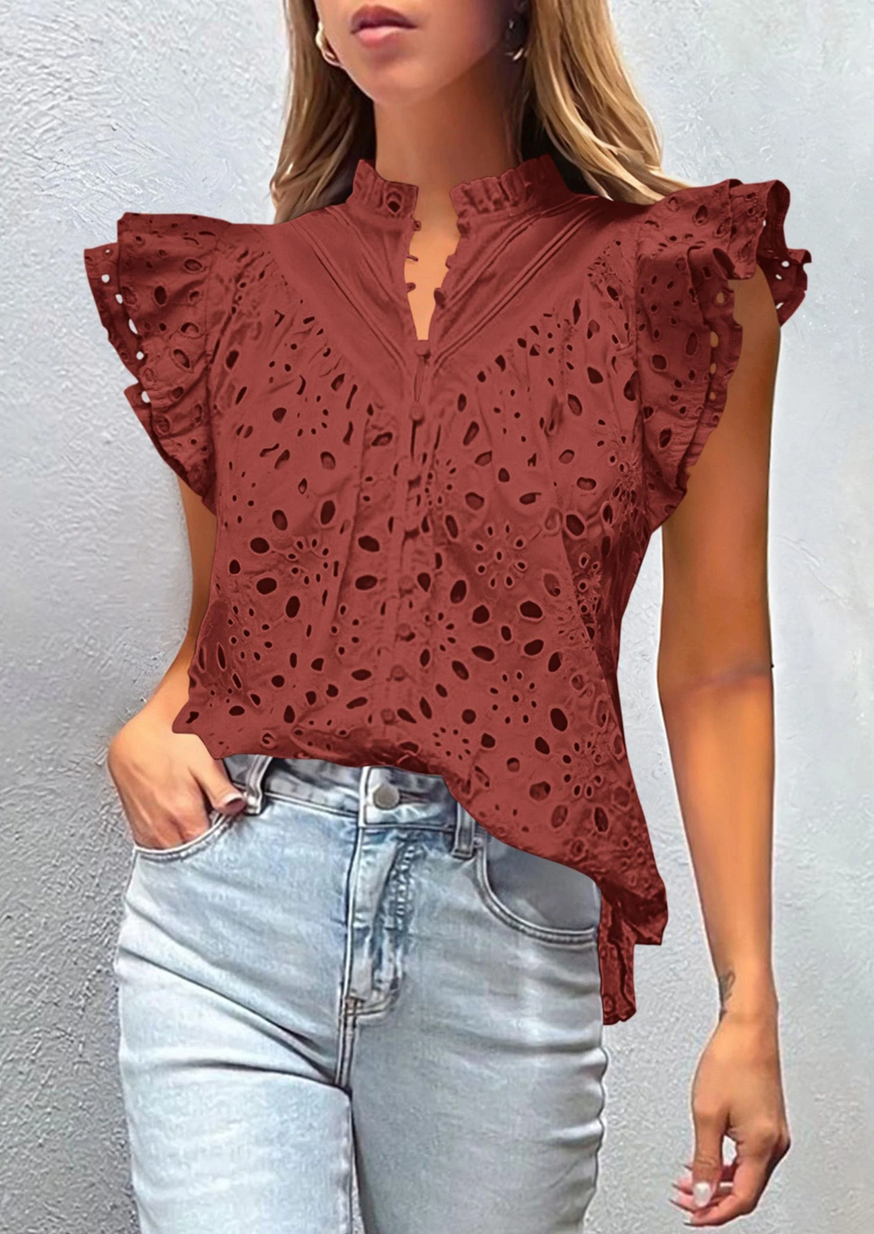 PRETTYGARDEN Womens Summer Tops 2025 Dressy Casual Ruffle Cap Sleeve Button V Neck Embroidered Eyelet Blouses Shirts - Image 30