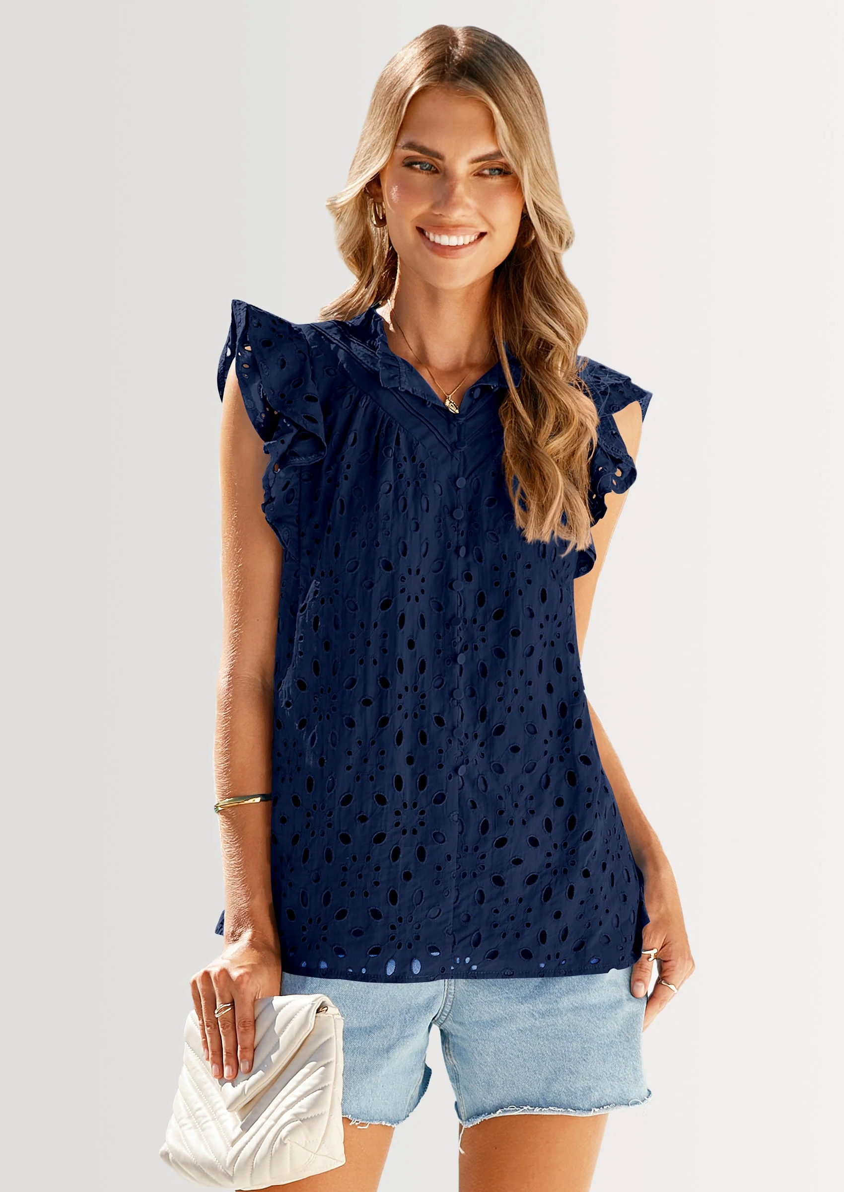 PRETTYGARDEN Womens Summer Tops 2025 Dressy Casual Ruffle Cap Sleeve Button V Neck Embroidered Eyelet Blouses Shirts - Image 32