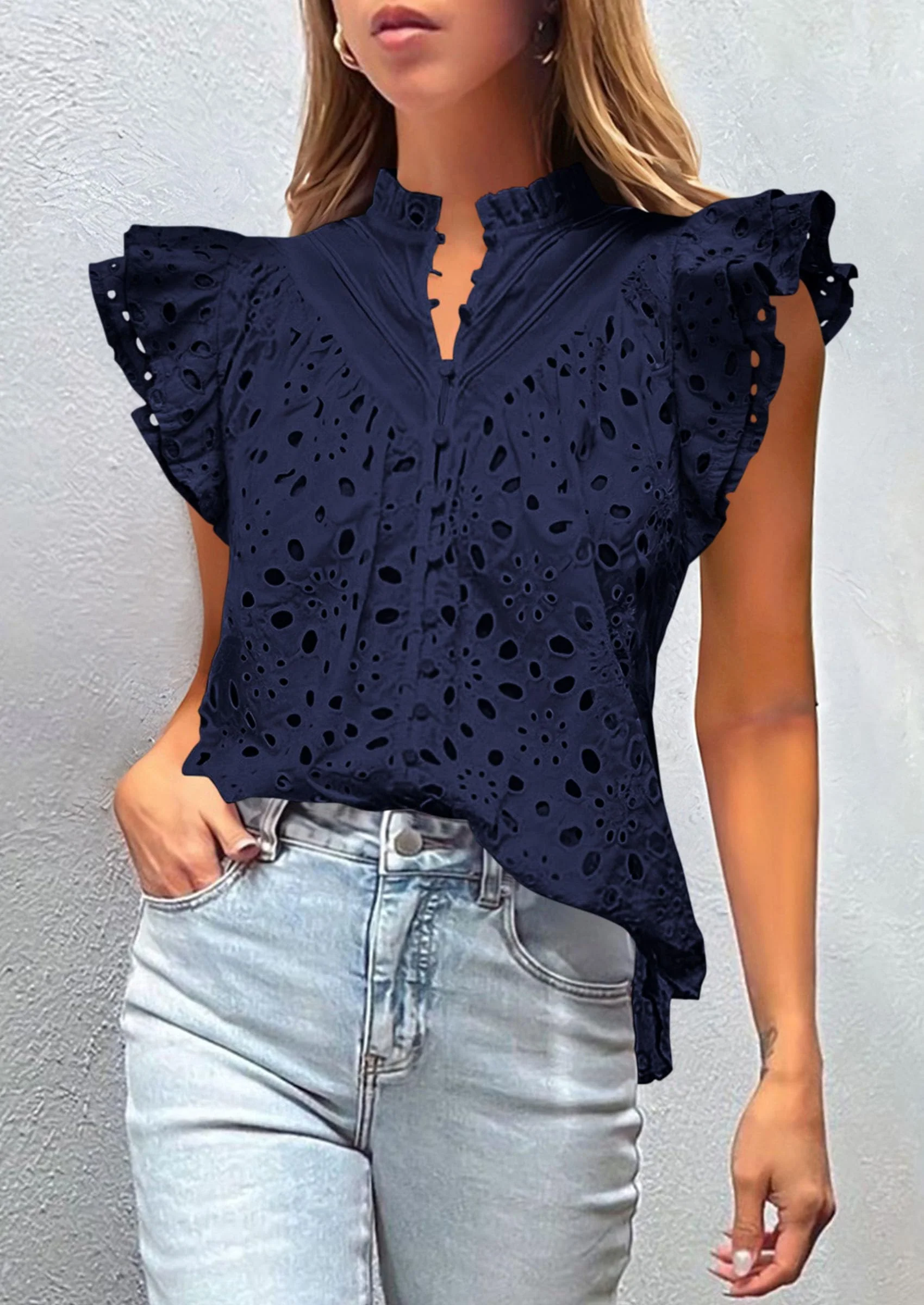 PRETTYGARDEN Womens Summer Tops 2025 Dressy Casual Ruffle Cap Sleeve Button V Neck Embroidered Eyelet Blouses Shirts - Image 36
