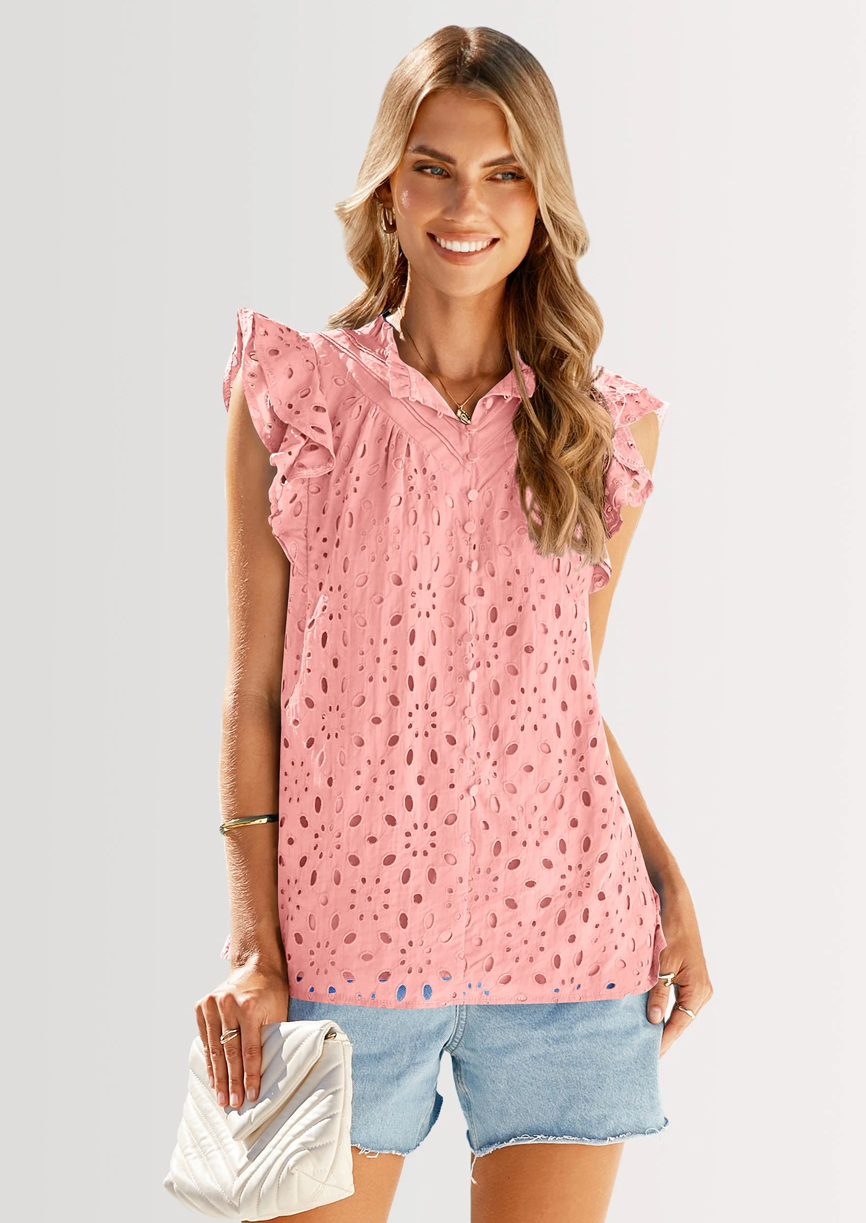 PRETTYGARDEN Womens Summer Tops 2025 Dressy Casual Ruffle Cap Sleeve Button V Neck Embroidered Eyelet Blouses Shirts - Image 38