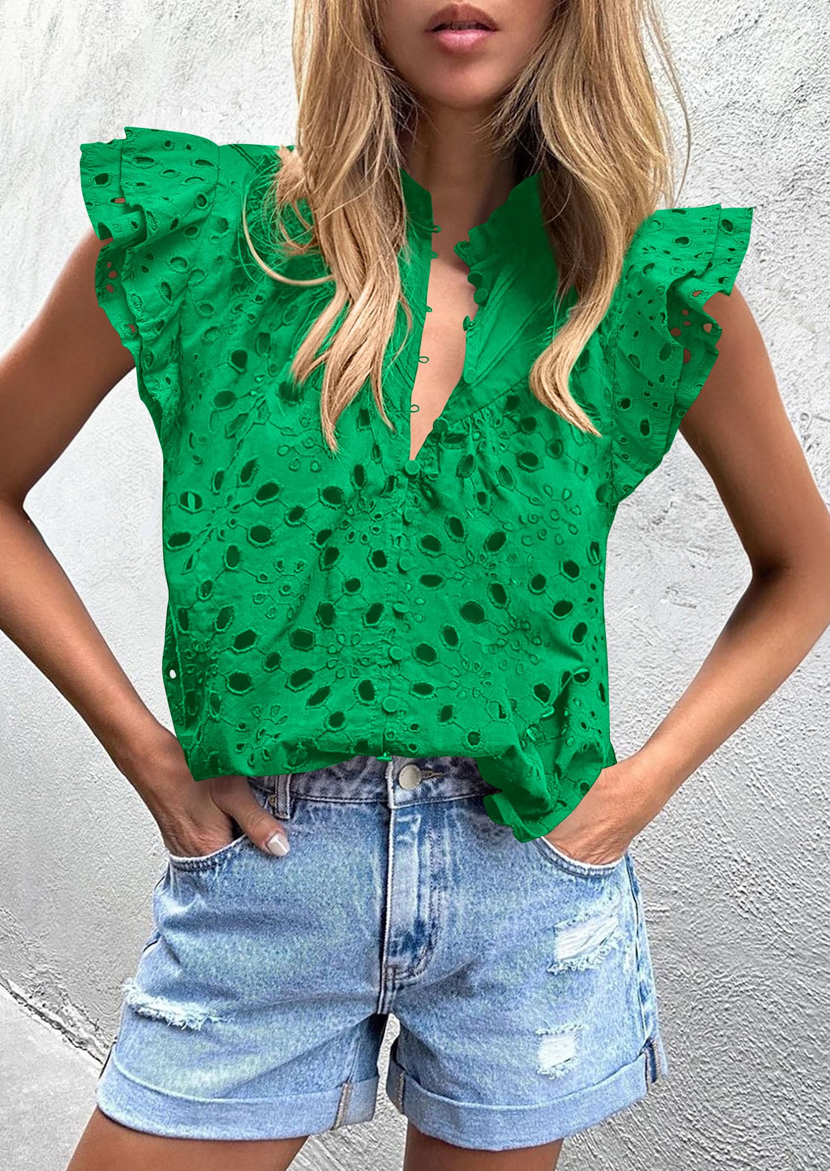 PRETTYGARDEN Womens Summer Tops 2025 Dressy Casual Ruffle Cap Sleeve Button V Neck Embroidered Eyelet Blouses Shirts - Image 4