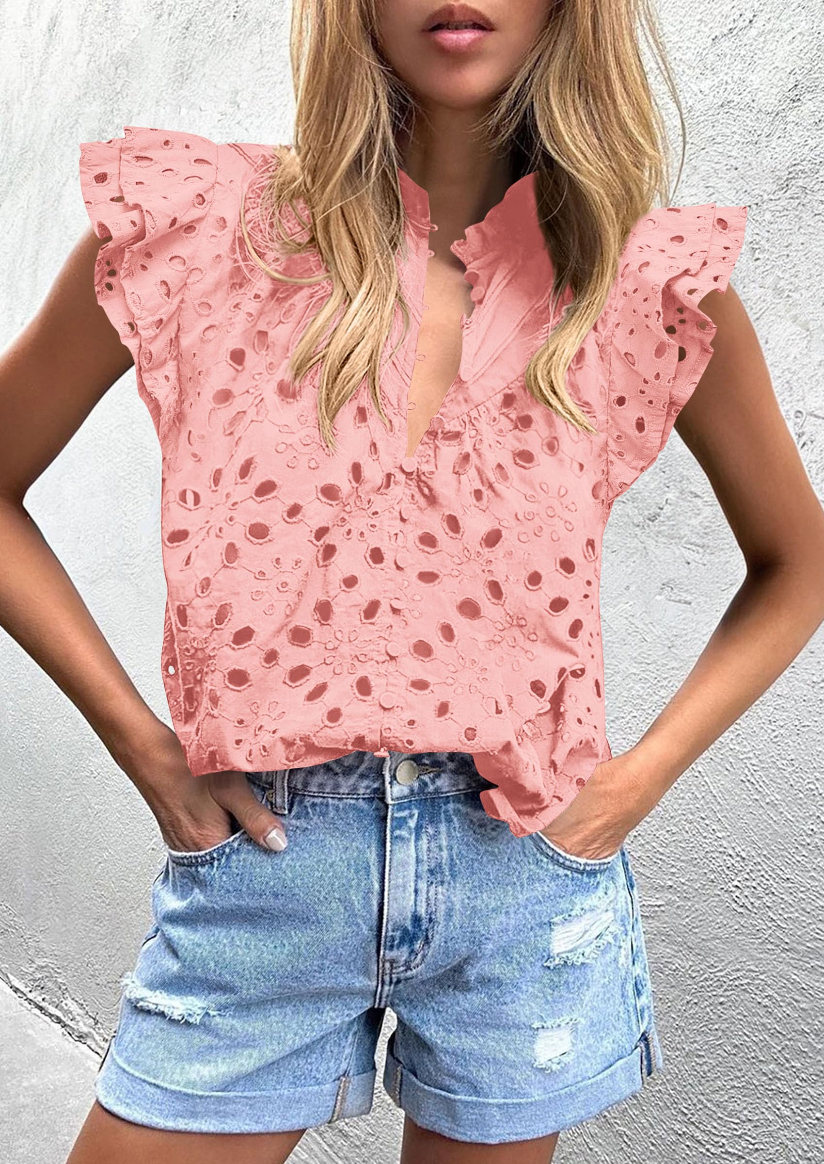 PRETTYGARDEN Womens Summer Tops 2025 Dressy Casual Ruffle Cap Sleeve Button V Neck Embroidered Eyelet Blouses Shirts - Image 41