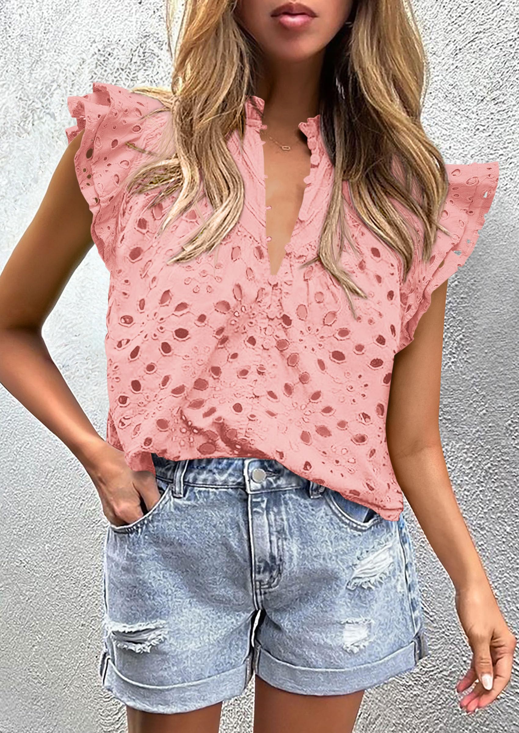 PRETTYGARDEN Womens Summer Tops 2025 Dressy Casual Ruffle Cap Sleeve Button V Neck Embroidered Eyelet Blouses Shirts - Image 43