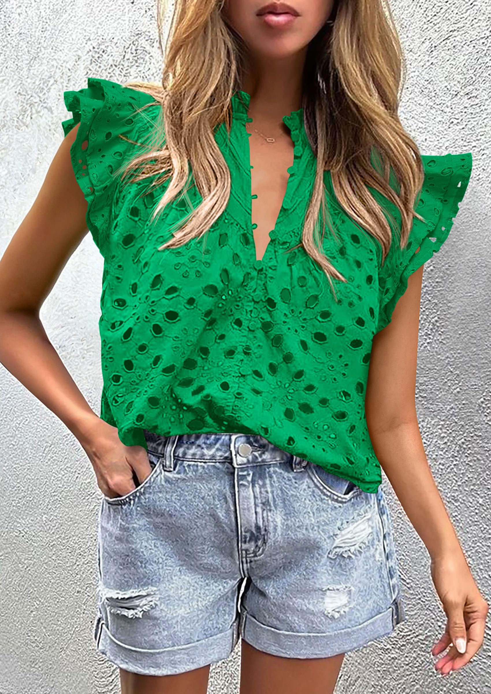 PRETTYGARDEN Womens Summer Tops 2025 Dressy Casual Ruffle Cap Sleeve Button V Neck Embroidered Eyelet Blouses Shirts - Image 6