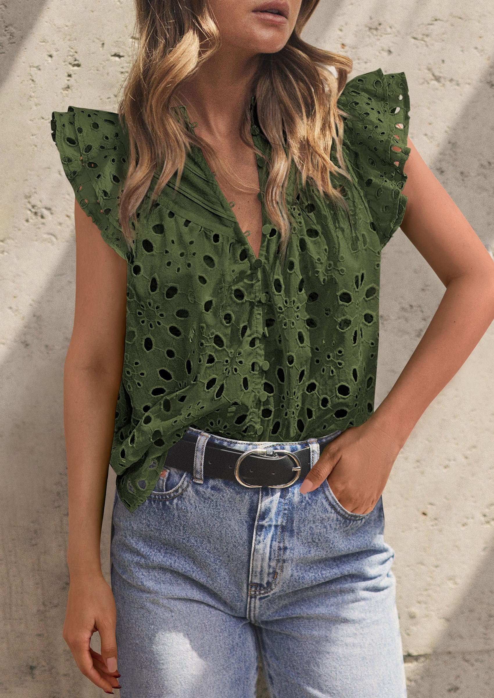 PRETTYGARDEN Womens Summer Tops 2025 Dressy Casual Ruffle Cap Sleeve Button V Neck Embroidered Eyelet Blouses Shirts - Image 9