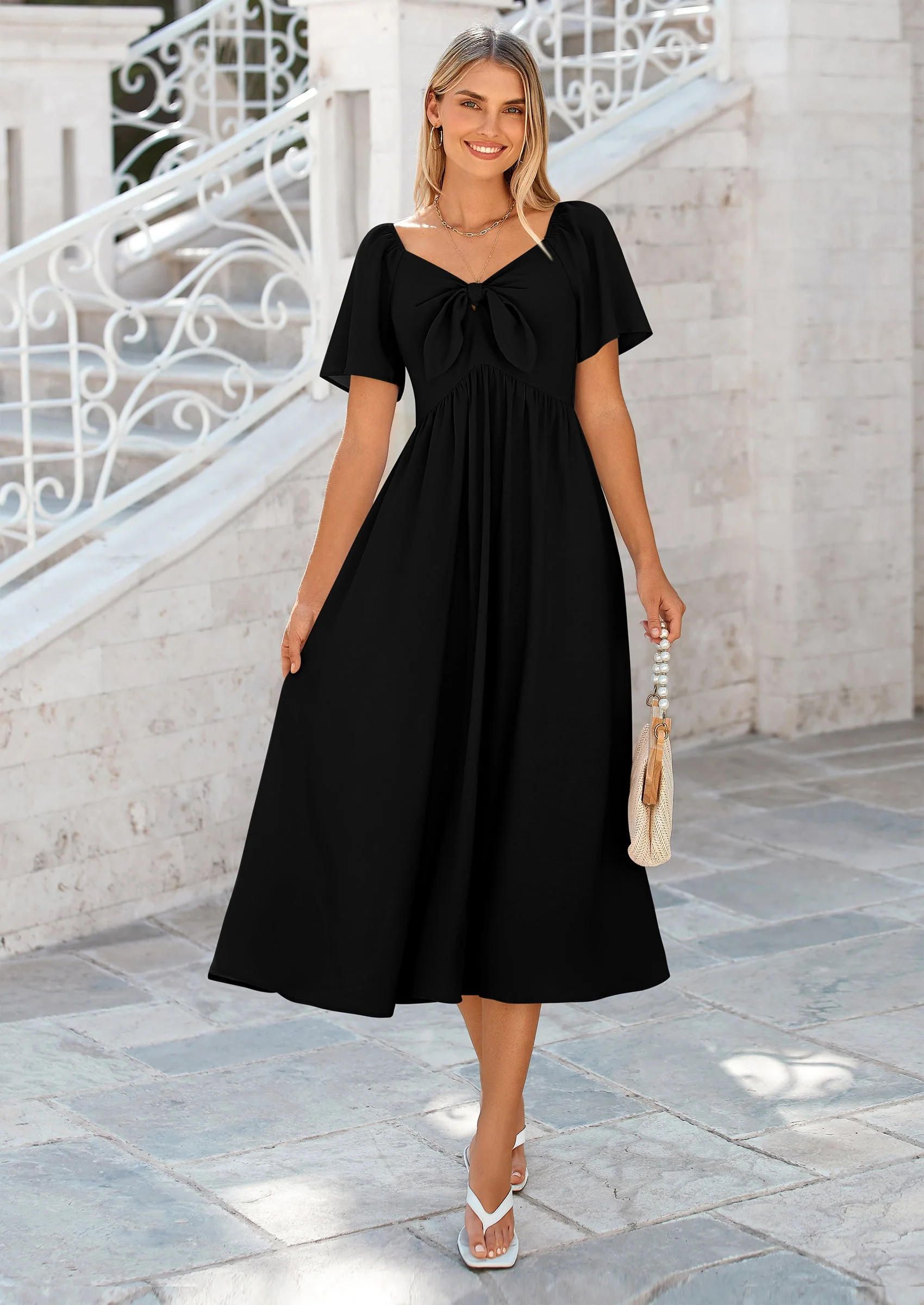 PRETTYGARDEN Summer Dress for Women Casual Short Sleeve Bow Tie V Neck Ruffle Midi Flowy Dresses - Image 14