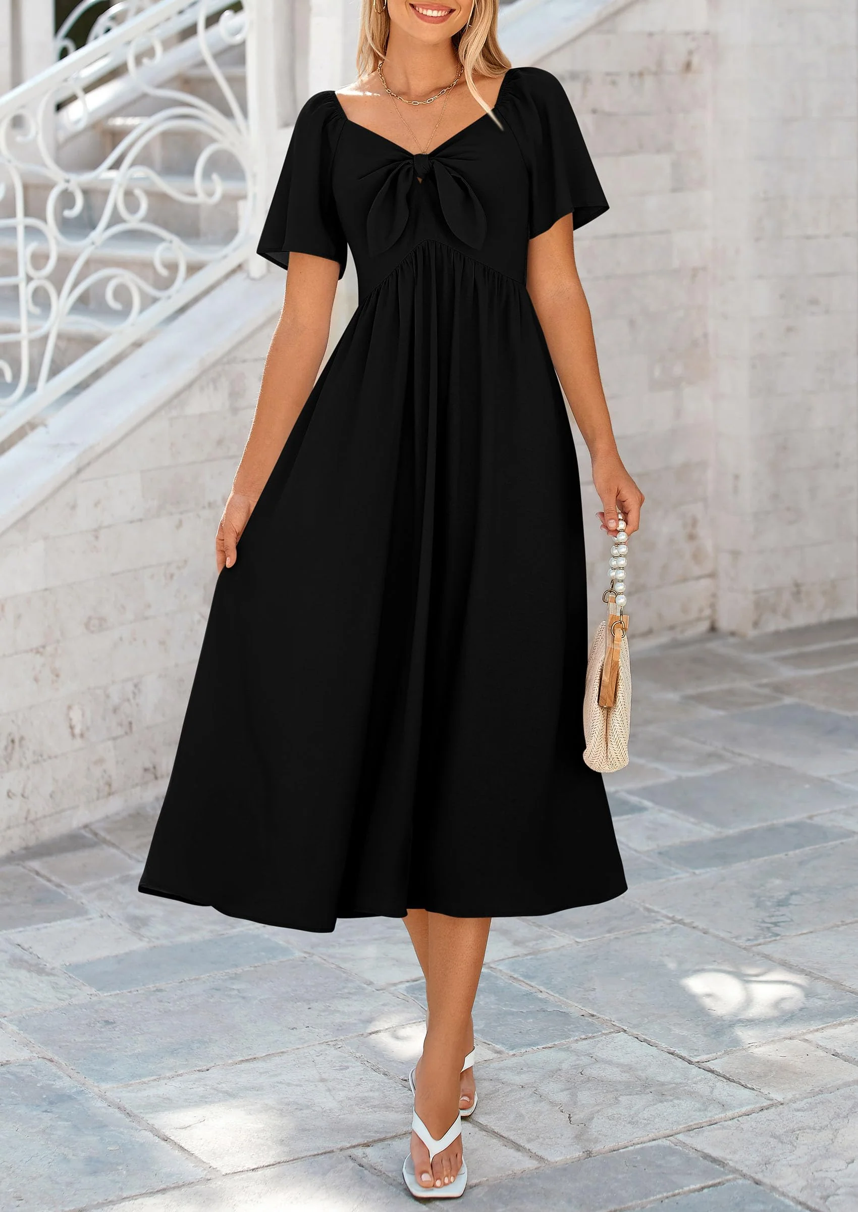 PRETTYGARDEN Summer Dress for Women Casual Short Sleeve Bow Tie V Neck Ruffle Midi Flowy Dresses - Image 16