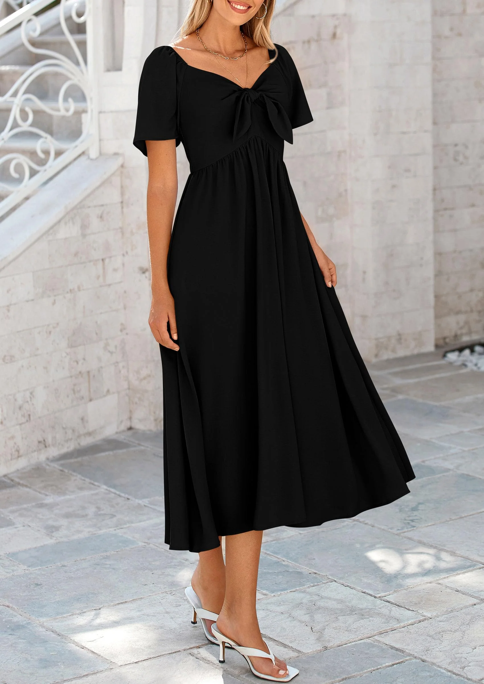 PRETTYGARDEN Summer Dress for Women Casual Short Sleeve Bow Tie V Neck Ruffle Midi Flowy Dresses - Image 17