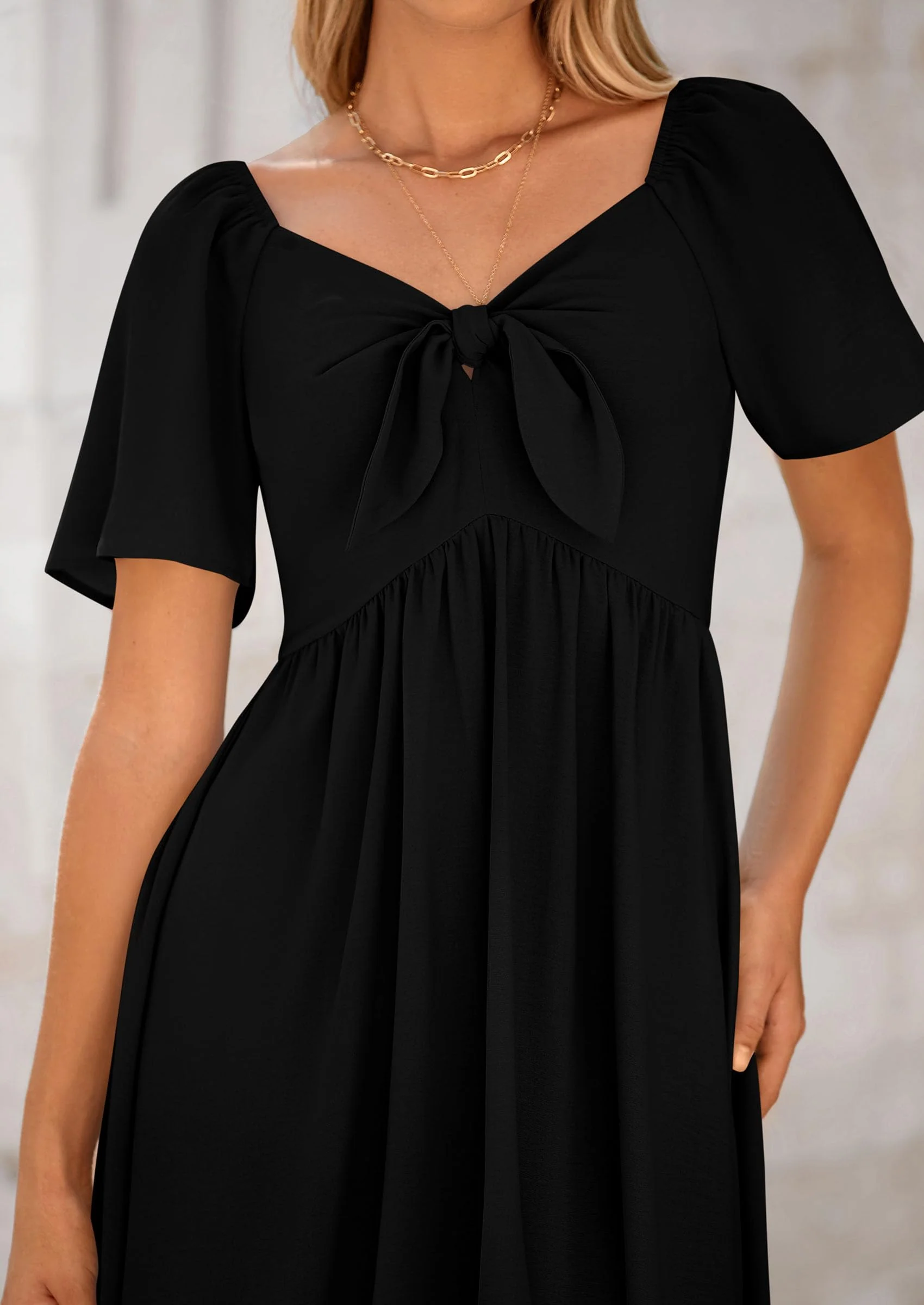 PRETTYGARDEN Summer Dress for Women Casual Short Sleeve Bow Tie V Neck Ruffle Midi Flowy Dresses - Image 18