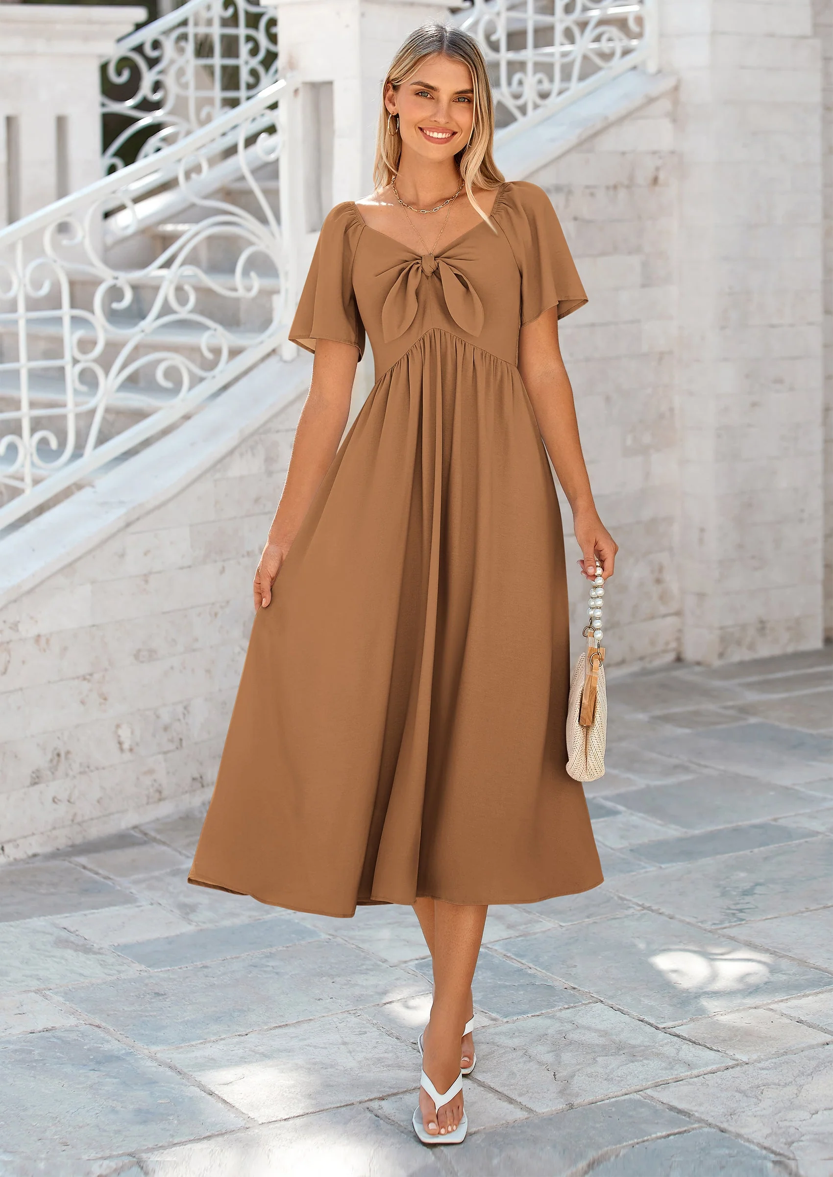 PRETTYGARDEN Summer Dress for Women Casual Short Sleeve Bow Tie V Neck Ruffle Midi Flowy Dresses - Image 20