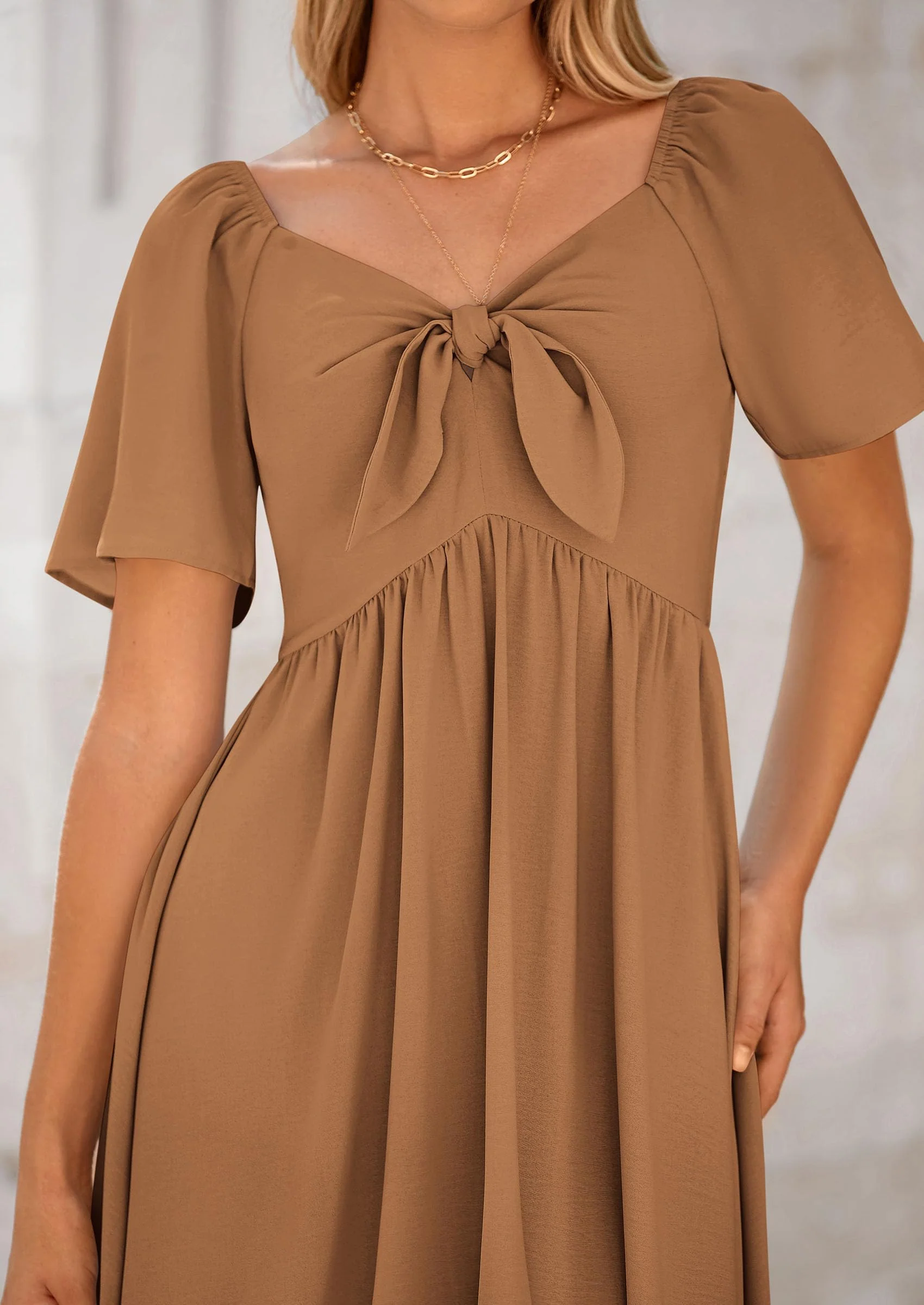 PRETTYGARDEN Summer Dress for Women Casual Short Sleeve Bow Tie V Neck Ruffle Midi Flowy Dresses - Image 24