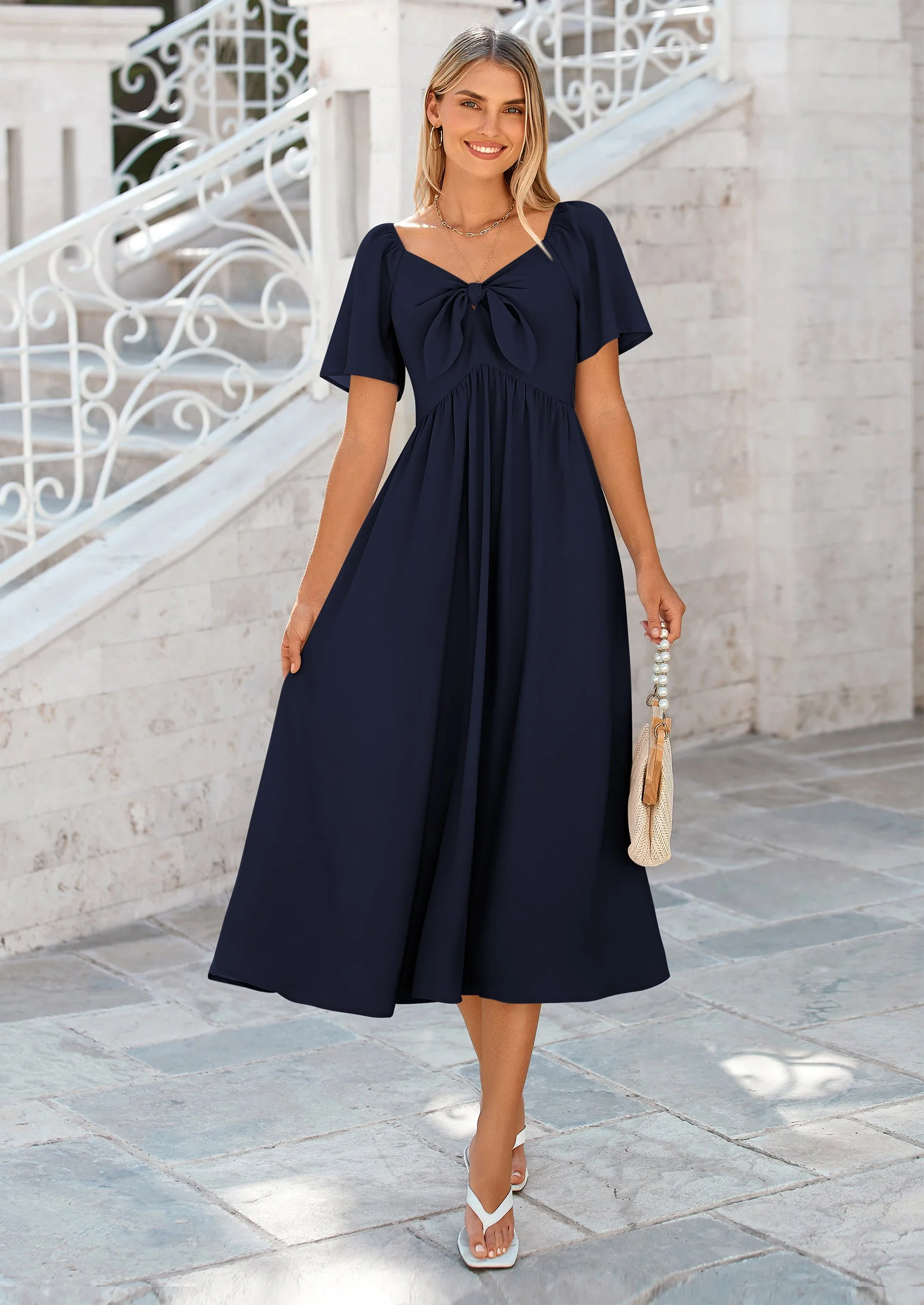 PRETTYGARDEN Summer Dress for Women Casual Short Sleeve Bow Tie V Neck Ruffle Midi Flowy Dresses - Image 26