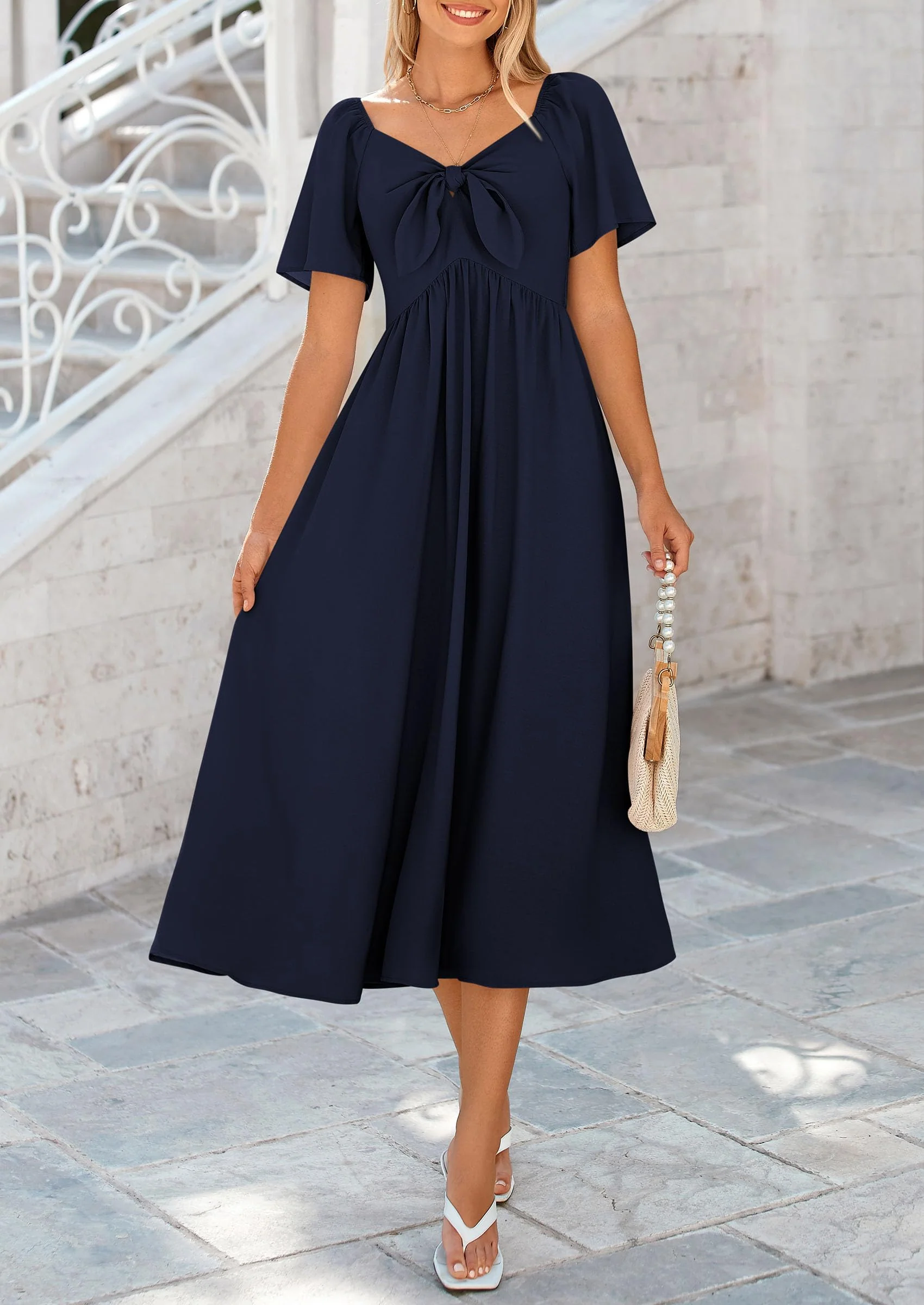 PRETTYGARDEN Summer Dress for Women Casual Short Sleeve Bow Tie V Neck Ruffle Midi Flowy Dresses - Image 28