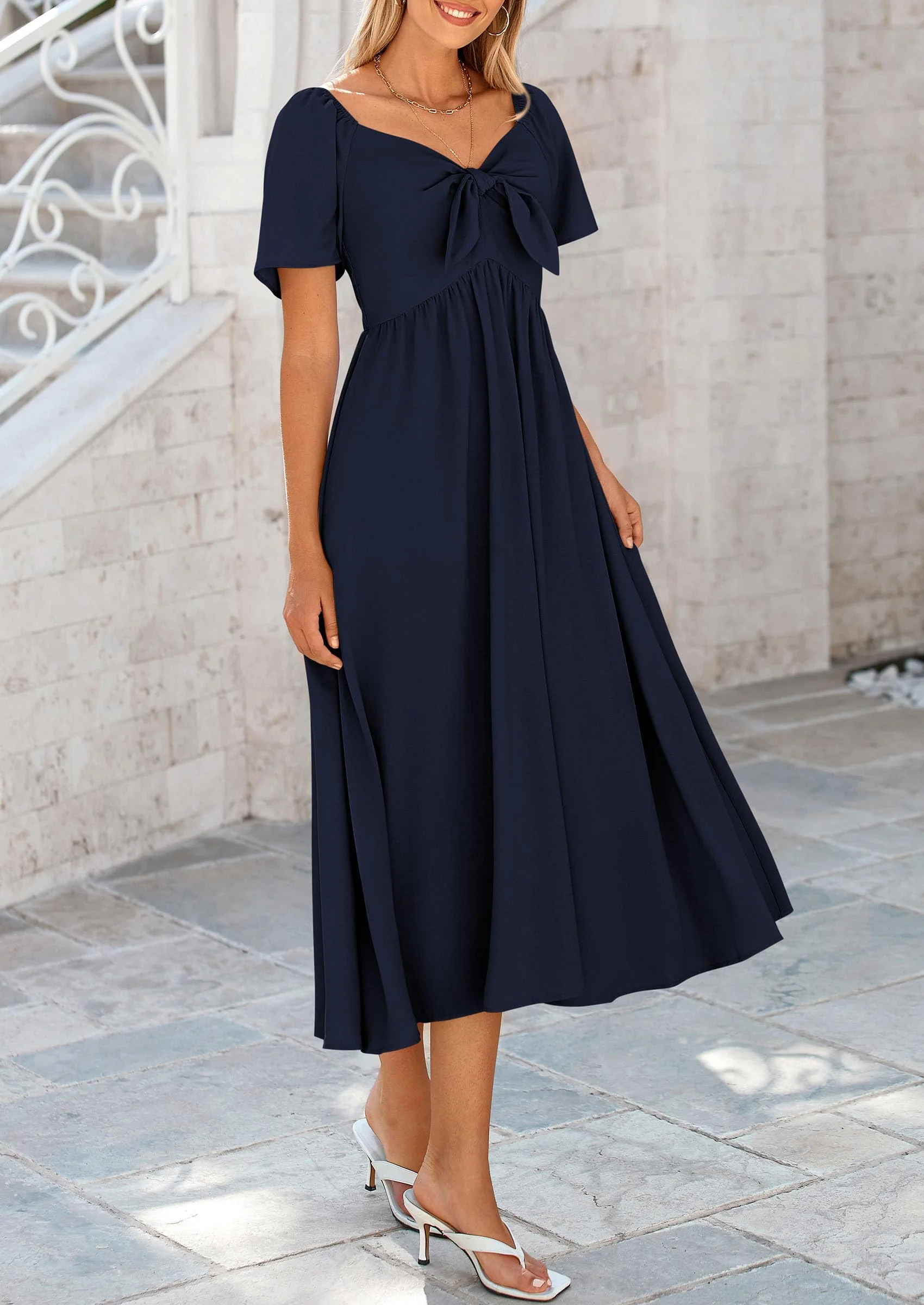 PRETTYGARDEN Summer Dress for Women Casual Short Sleeve Bow Tie V Neck Ruffle Midi Flowy Dresses - Image 29