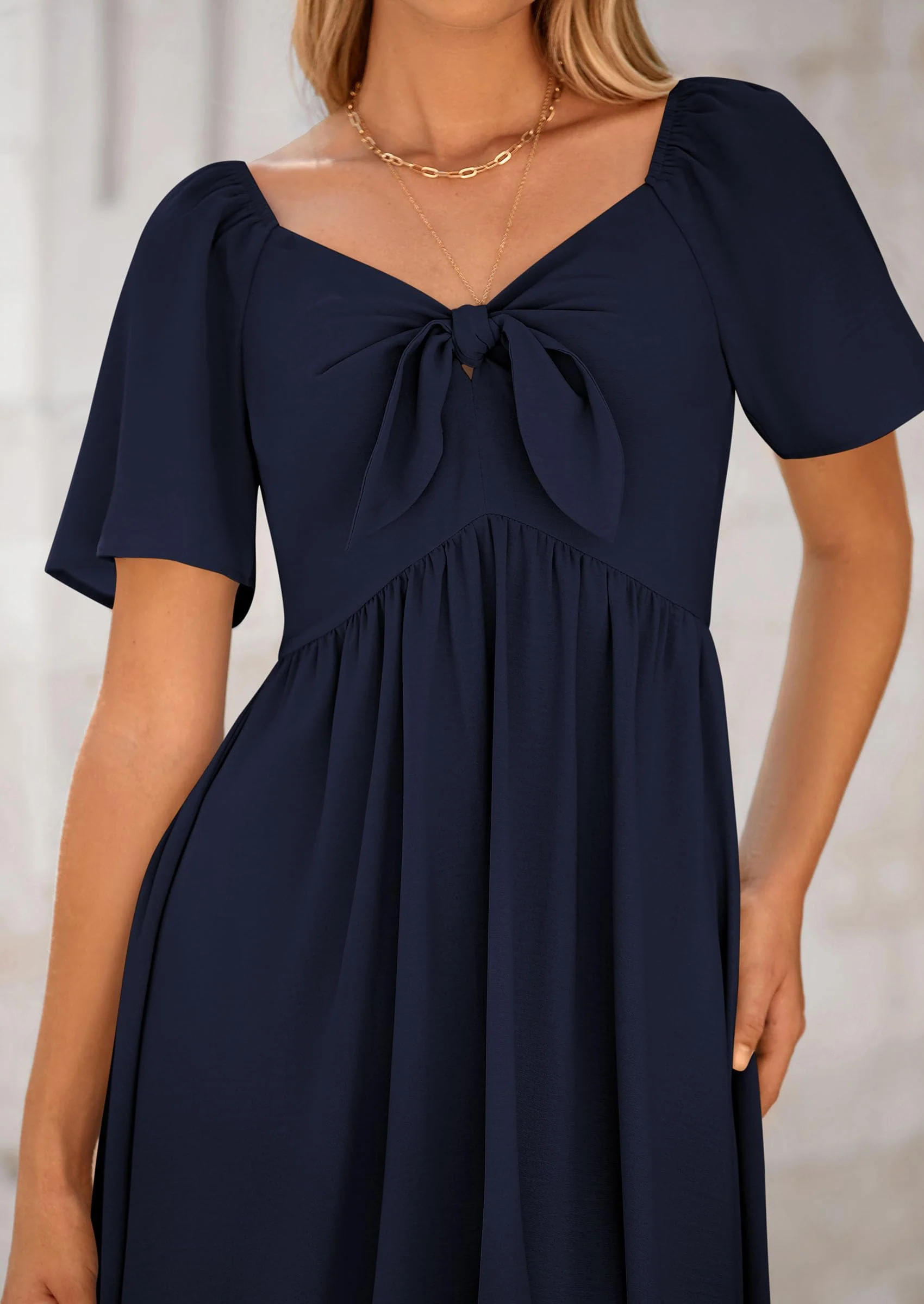 PRETTYGARDEN Summer Dress for Women Casual Short Sleeve Bow Tie V Neck Ruffle Midi Flowy Dresses - Image 30