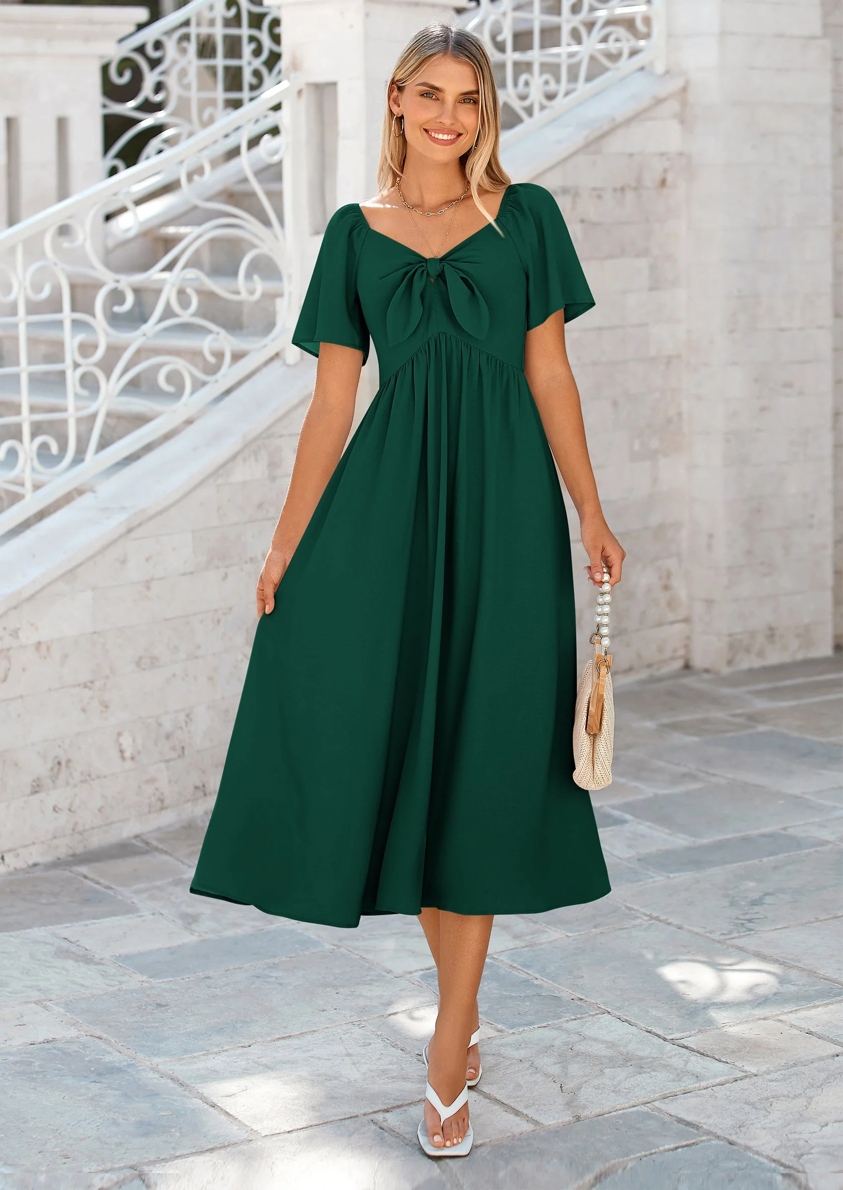 PRETTYGARDEN Summer Dress for Women Casual Short Sleeve Bow Tie V Neck Ruffle Midi Flowy Dresses - Image 32