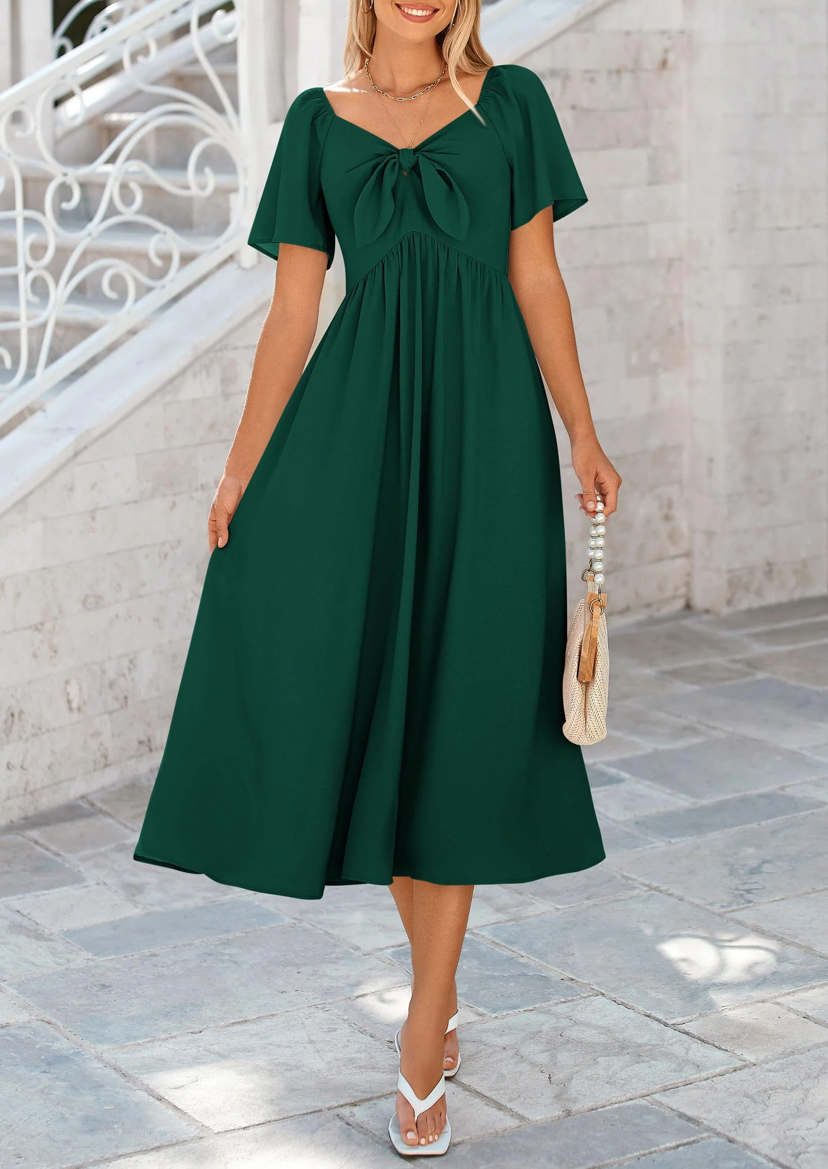 PRETTYGARDEN Summer Dress for Women Casual Short Sleeve Bow Tie V Neck Ruffle Midi Flowy Dresses - Image 34