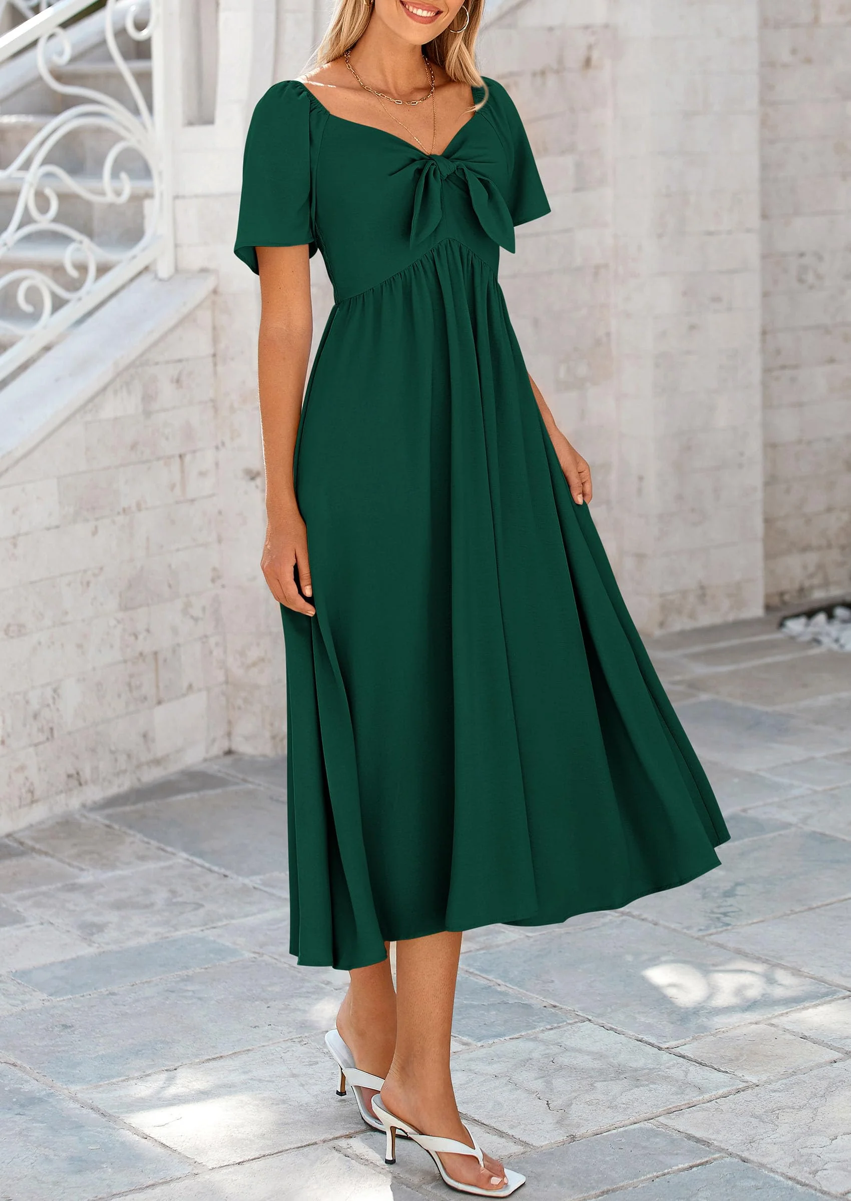 PRETTYGARDEN Summer Dress for Women Casual Short Sleeve Bow Tie V Neck Ruffle Midi Flowy Dresses - Image 35