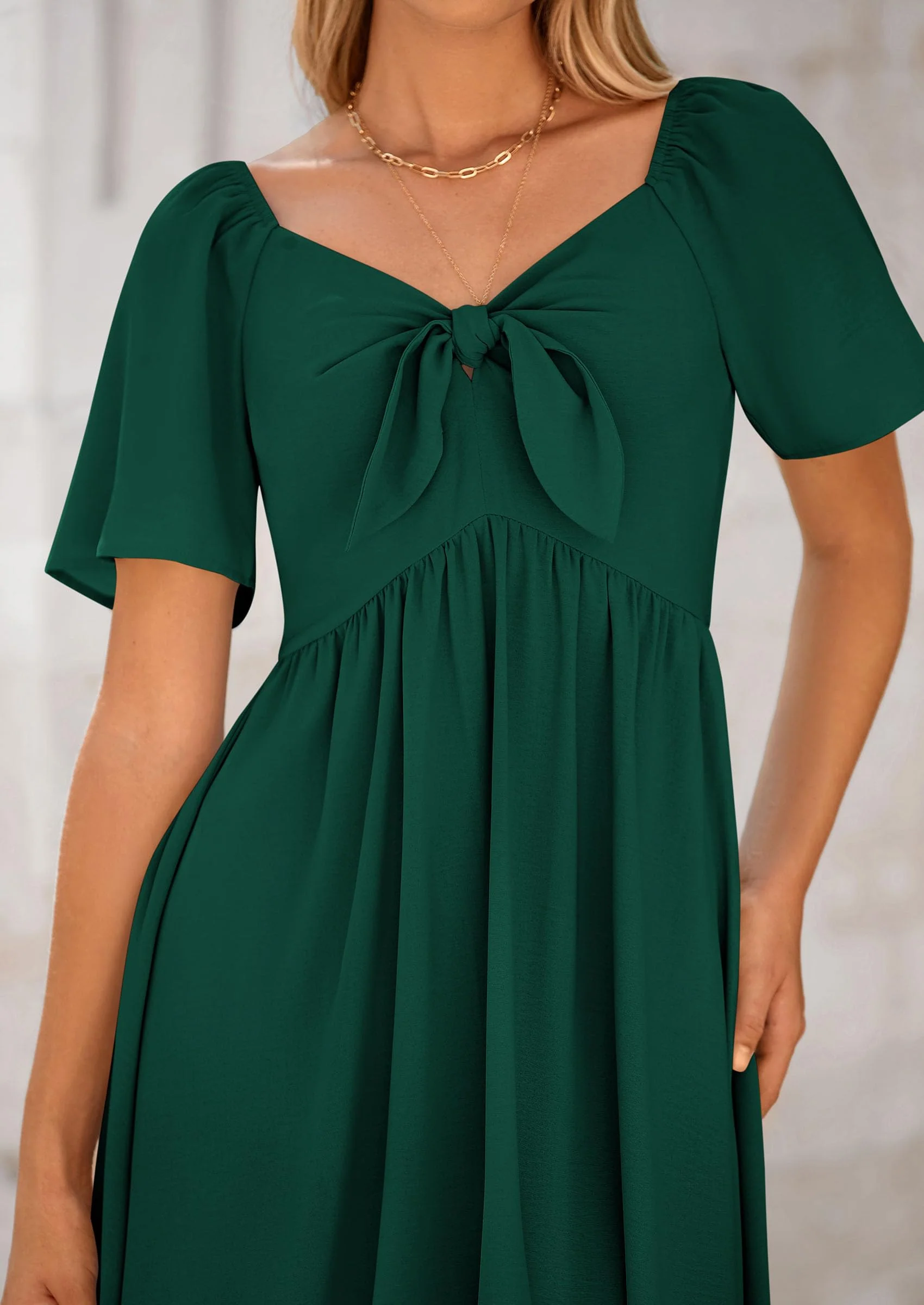 PRETTYGARDEN Summer Dress for Women Casual Short Sleeve Bow Tie V Neck Ruffle Midi Flowy Dresses - Image 36