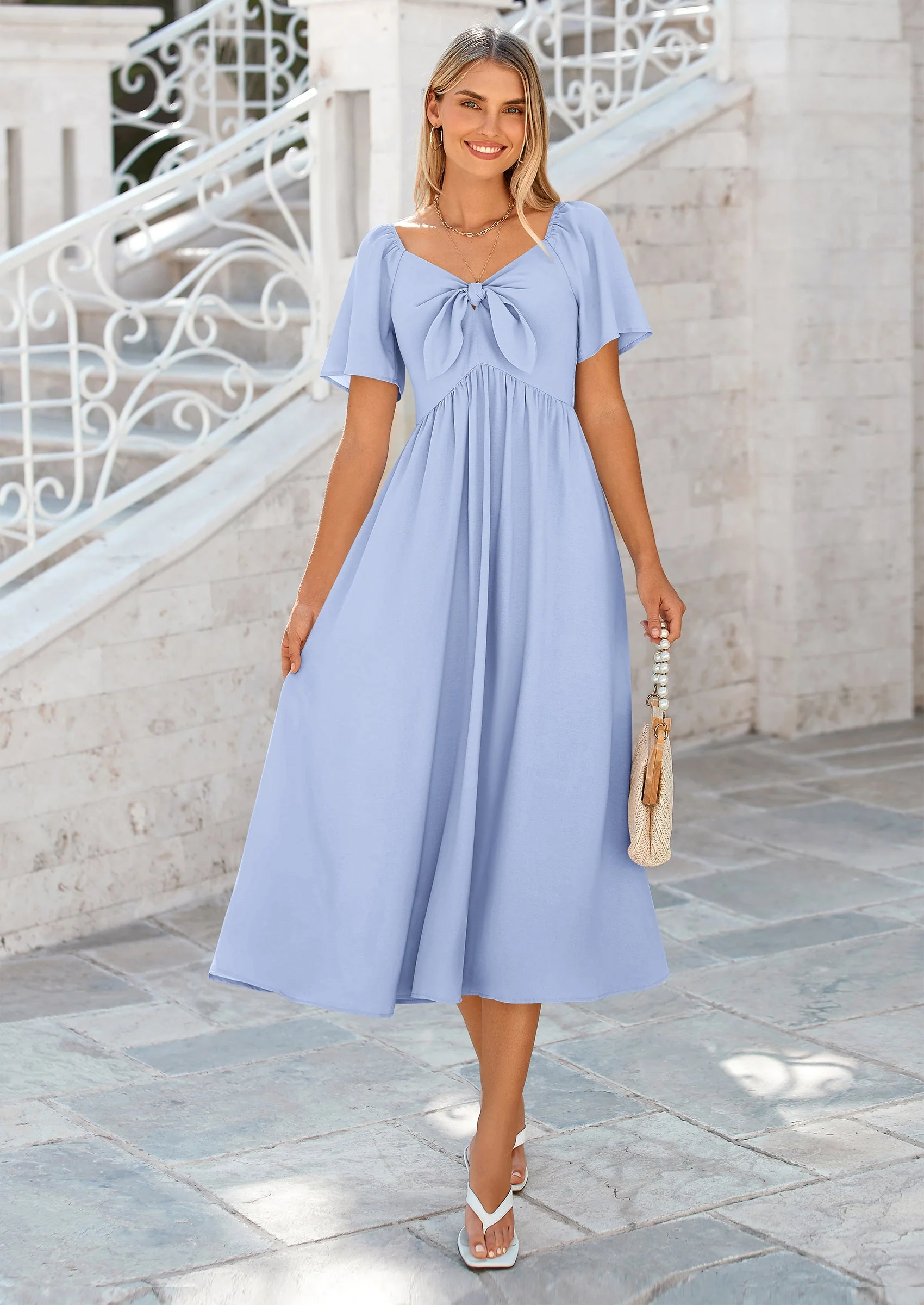 PRETTYGARDEN Summer Dress for Women Casual Short Sleeve Bow Tie V Neck Ruffle Midi Flowy Dresses - Image 38