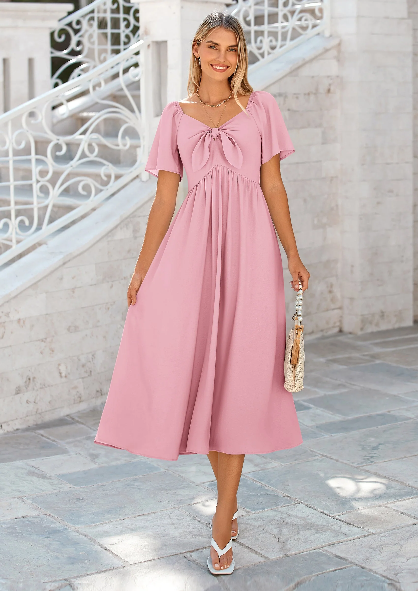 PRETTYGARDEN Summer Dress for Women Casual Short Sleeve Bow Tie V Neck Ruffle Midi Flowy Dresses - Image 44