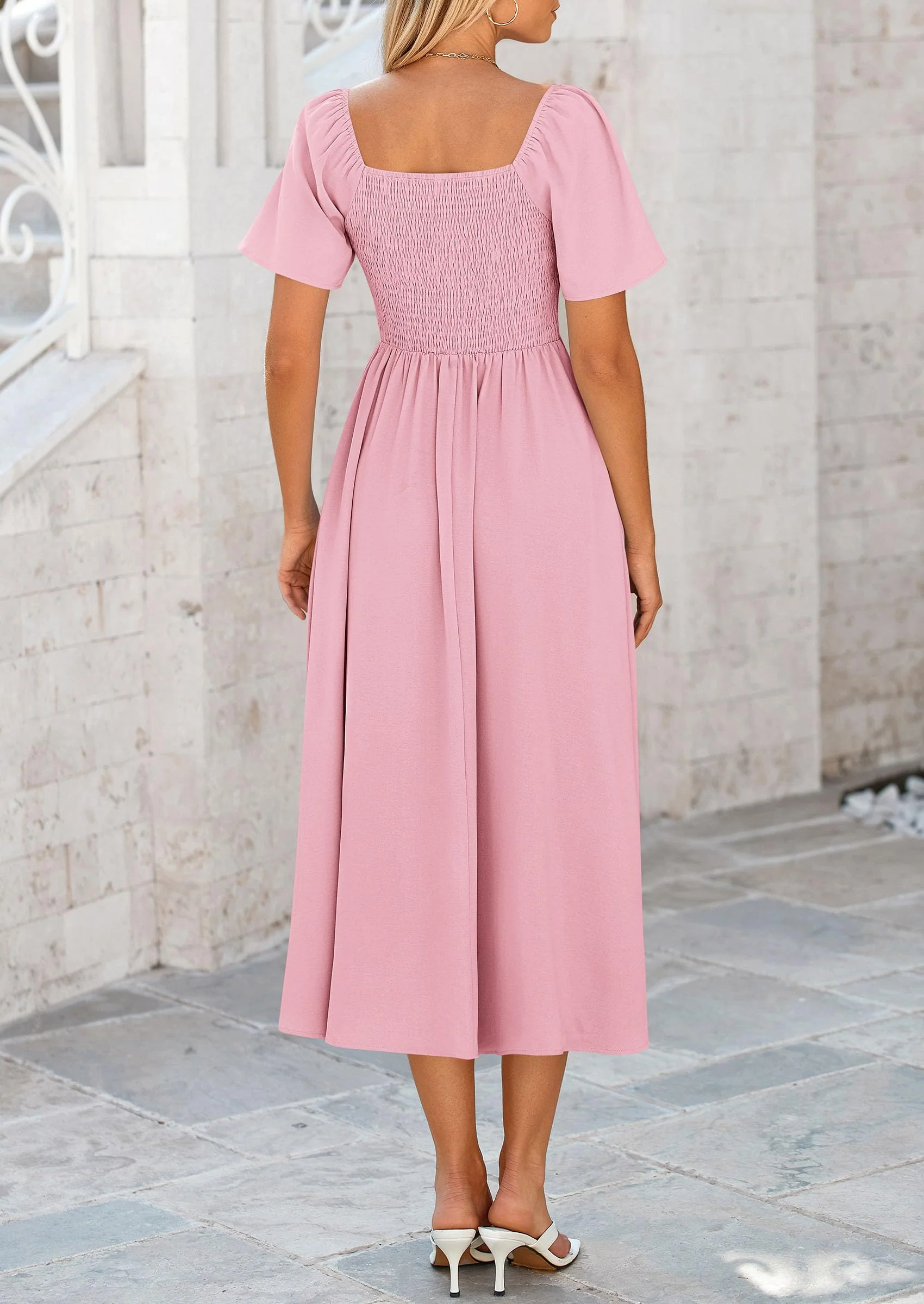 PRETTYGARDEN Summer Dress for Women Casual Short Sleeve Bow Tie V Neck Ruffle Midi Flowy Dresses - Image 45