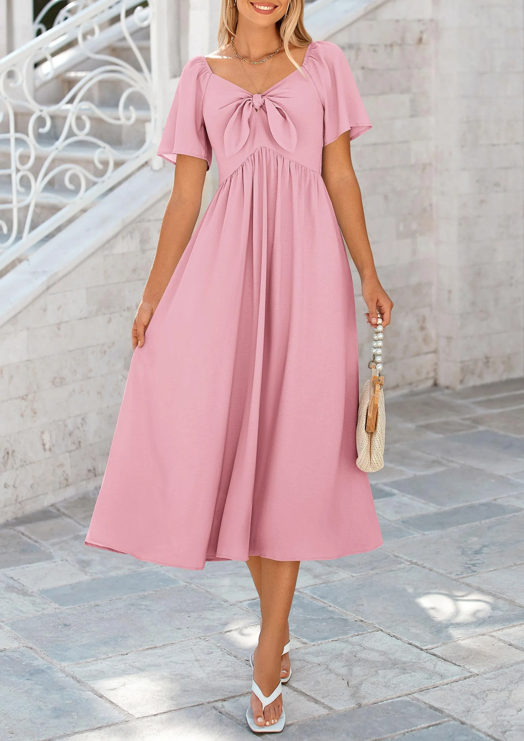 PRETTYGARDEN Summer Dress for Women Casual Short Sleeve Bow Tie V Neck Ruffle Midi Flowy Dresses - Image 46