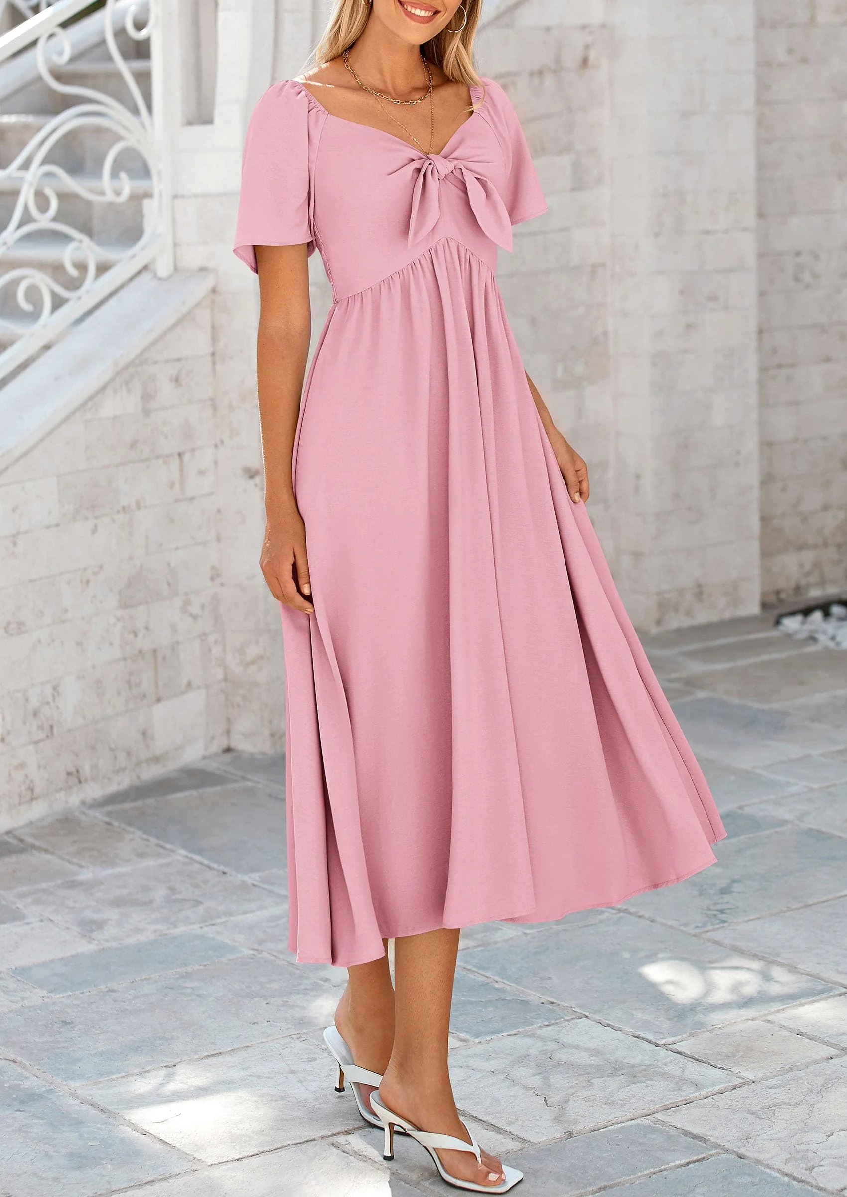 PRETTYGARDEN Summer Dress for Women Casual Short Sleeve Bow Tie V Neck Ruffle Midi Flowy Dresses - Image 47