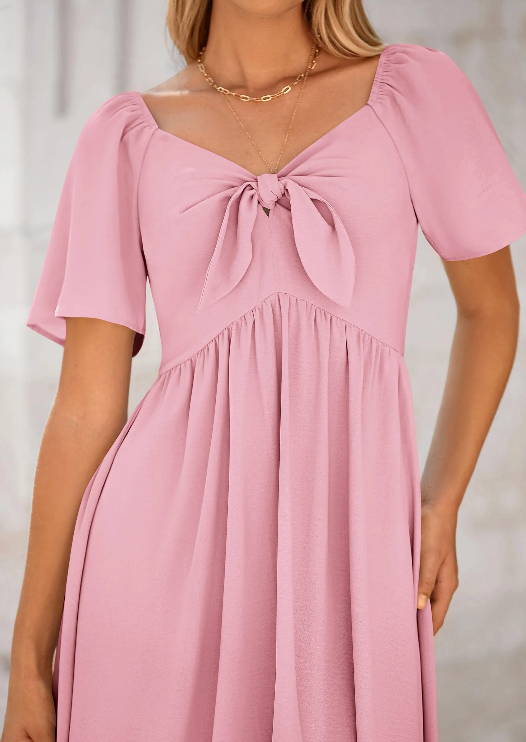 PRETTYGARDEN Summer Dress for Women Casual Short Sleeve Bow Tie V Neck Ruffle Midi Flowy Dresses - Image 48