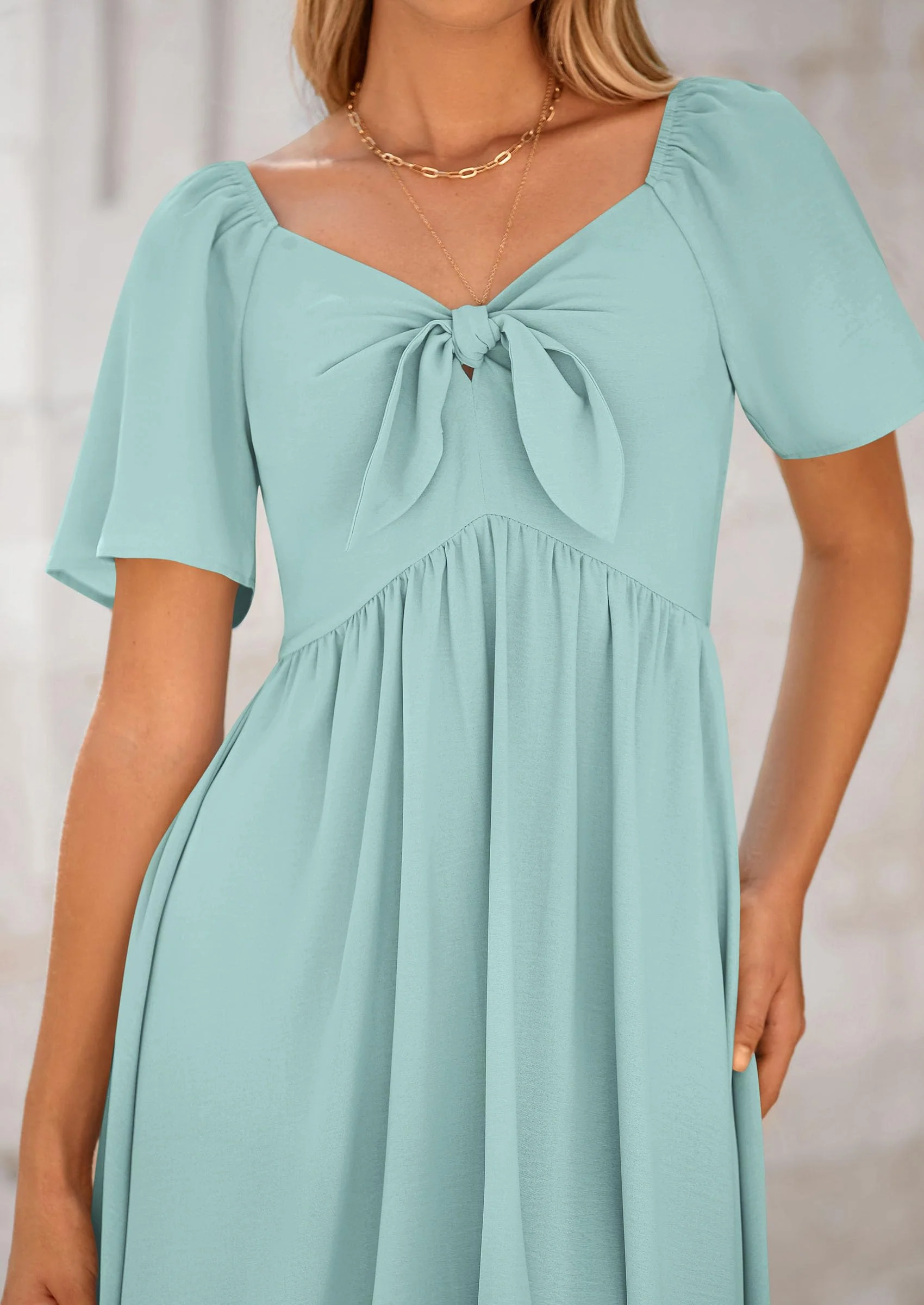 PRETTYGARDEN Summer Dress for Women Casual Short Sleeve Bow Tie V Neck Ruffle Midi Flowy Dresses - Image 5