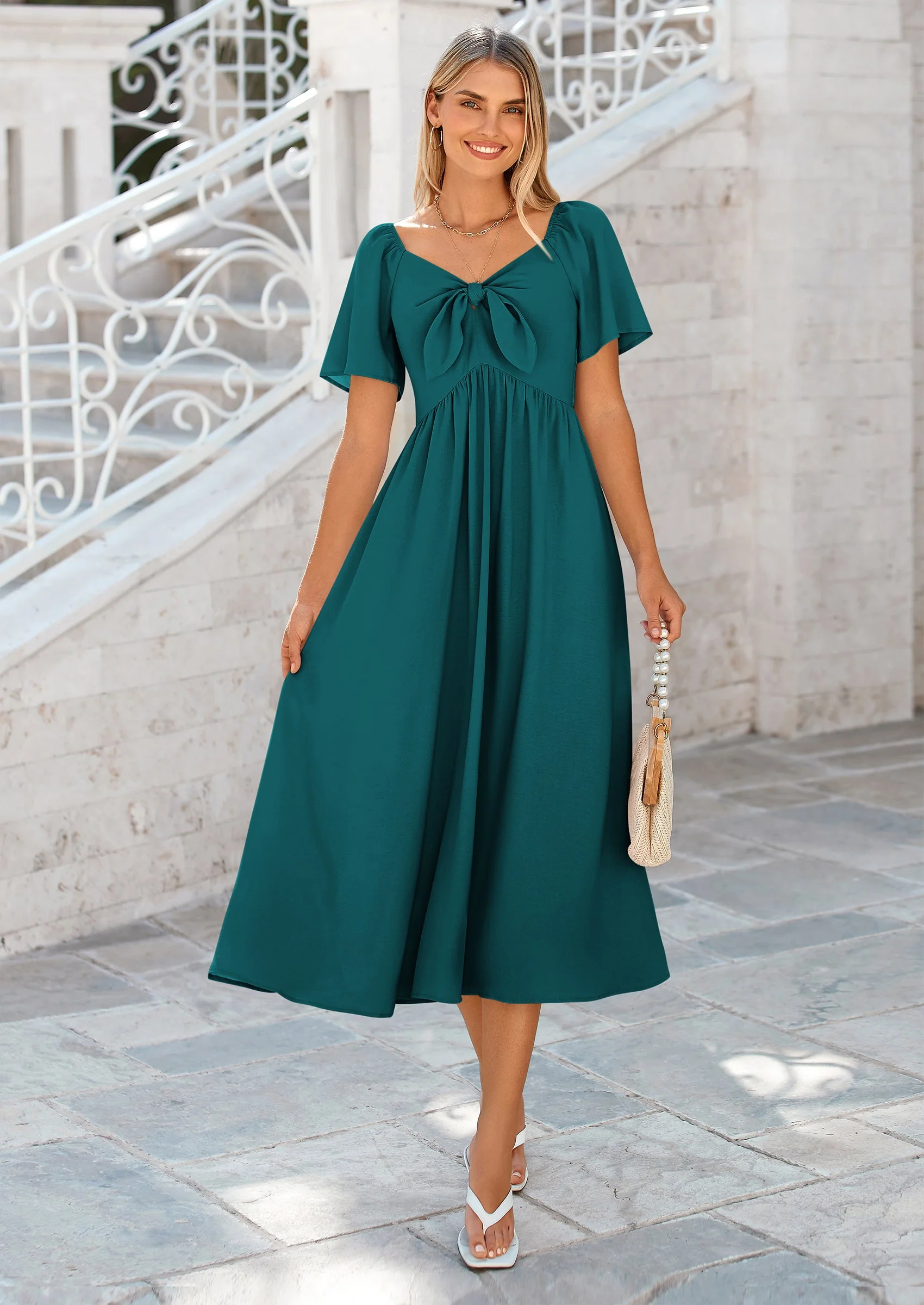 PRETTYGARDEN Summer Dress for Women Casual Short Sleeve Bow Tie V Neck Ruffle Midi Flowy Dresses - Image 50