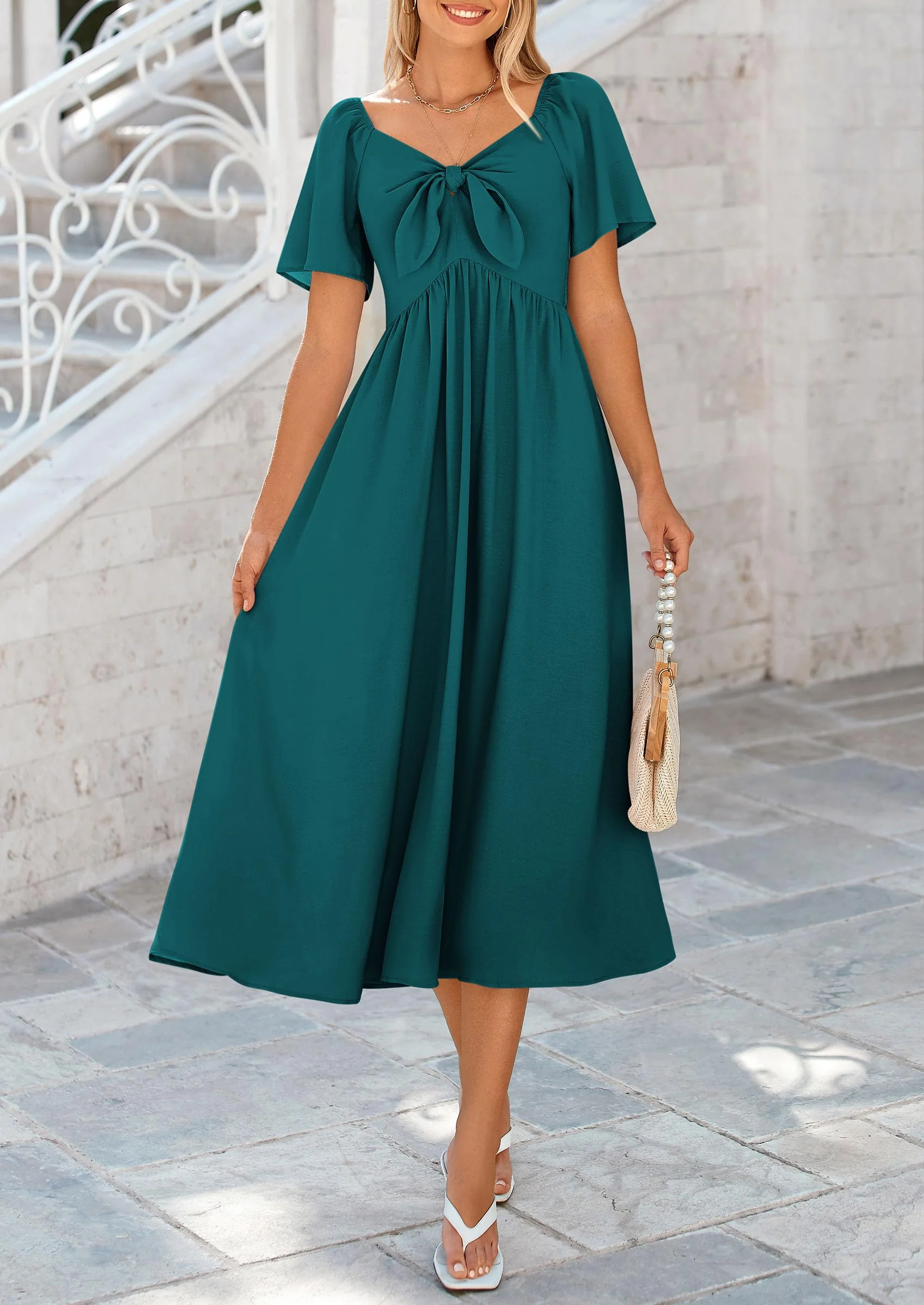 PRETTYGARDEN Summer Dress for Women Casual Short Sleeve Bow Tie V Neck Ruffle Midi Flowy Dresses - Image 52