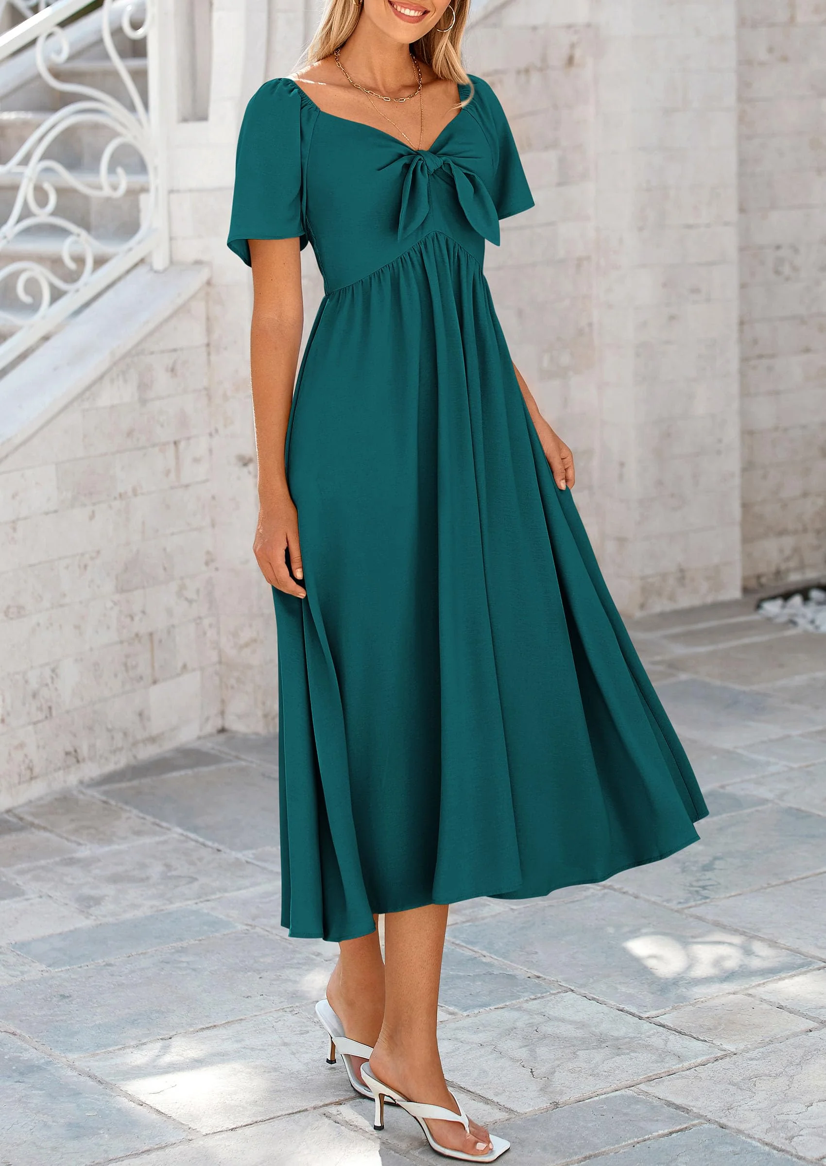 PRETTYGARDEN Summer Dress for Women Casual Short Sleeve Bow Tie V Neck Ruffle Midi Flowy Dresses - Image 53