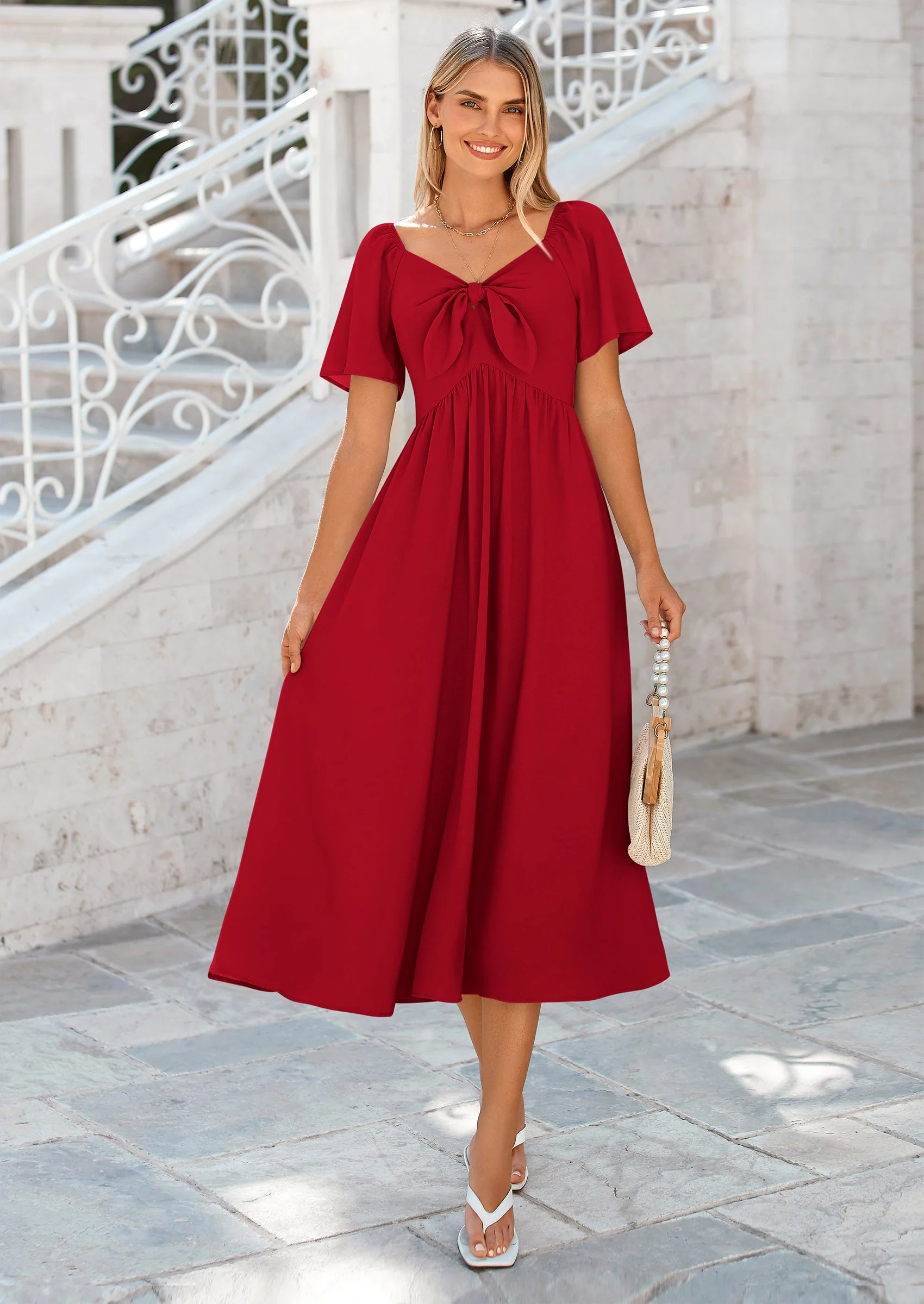 PRETTYGARDEN Summer Dress for Women Casual Short Sleeve Bow Tie V Neck Ruffle Midi Flowy Dresses - Image 56