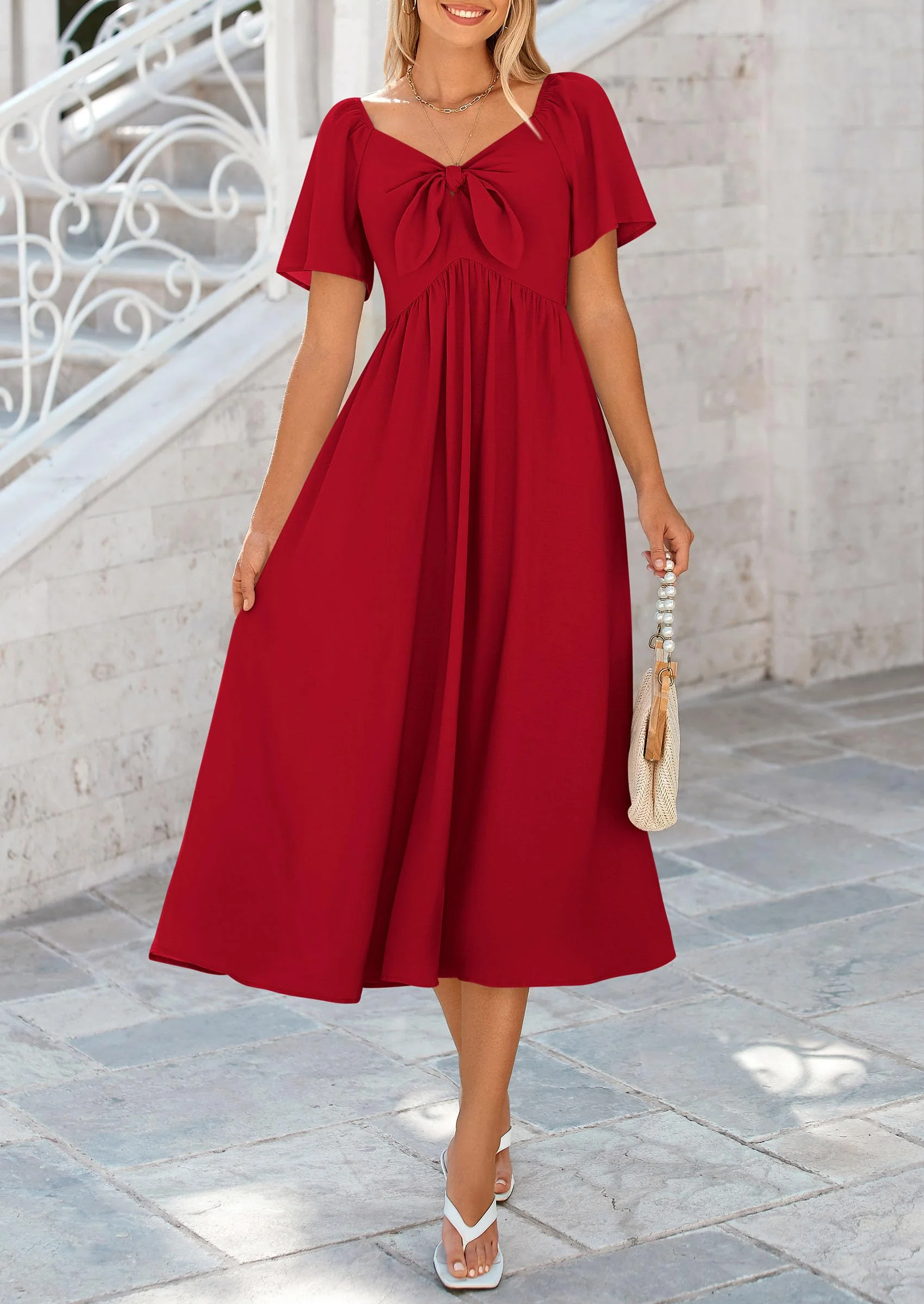 PRETTYGARDEN Summer Dress for Women Casual Short Sleeve Bow Tie V Neck Ruffle Midi Flowy Dresses - Image 58