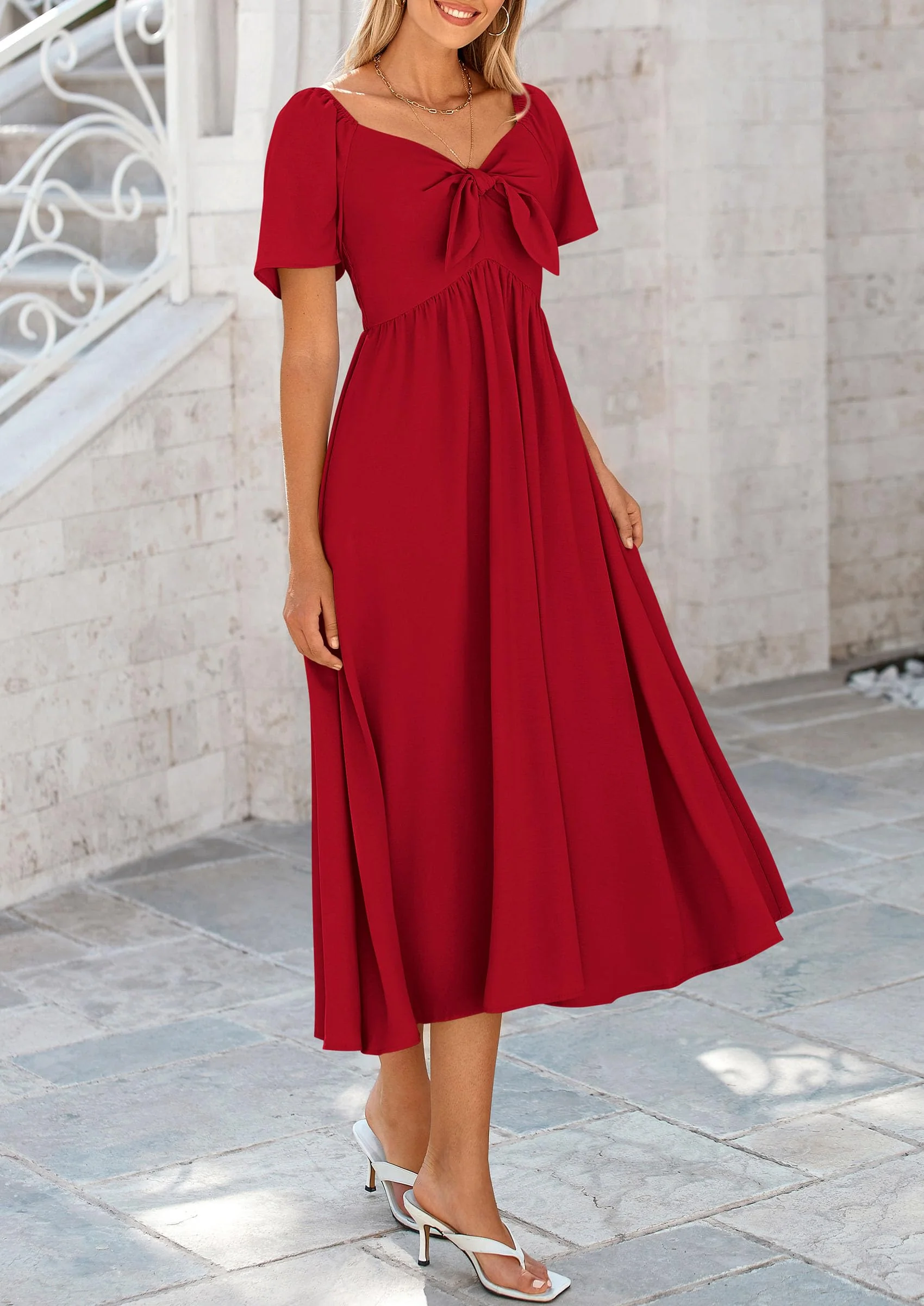 PRETTYGARDEN Summer Dress for Women Casual Short Sleeve Bow Tie V Neck Ruffle Midi Flowy Dresses - Image 59