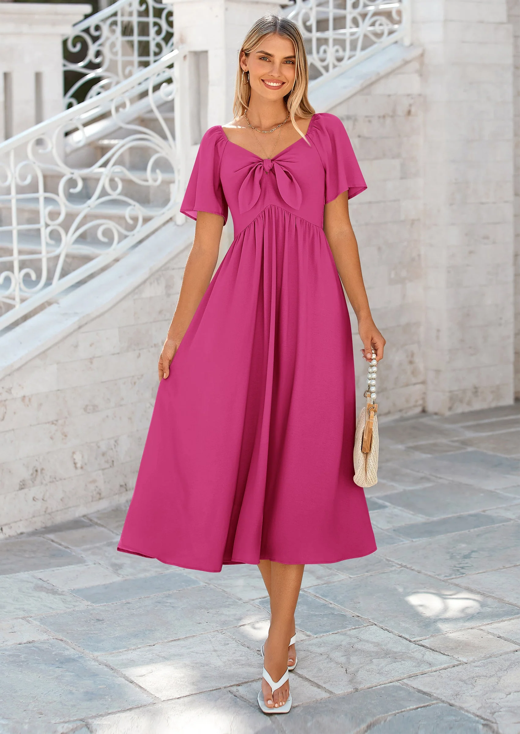 PRETTYGARDEN Summer Dress for Women Casual Short Sleeve Bow Tie V Neck Ruffle Midi Flowy Dresses - Image 62