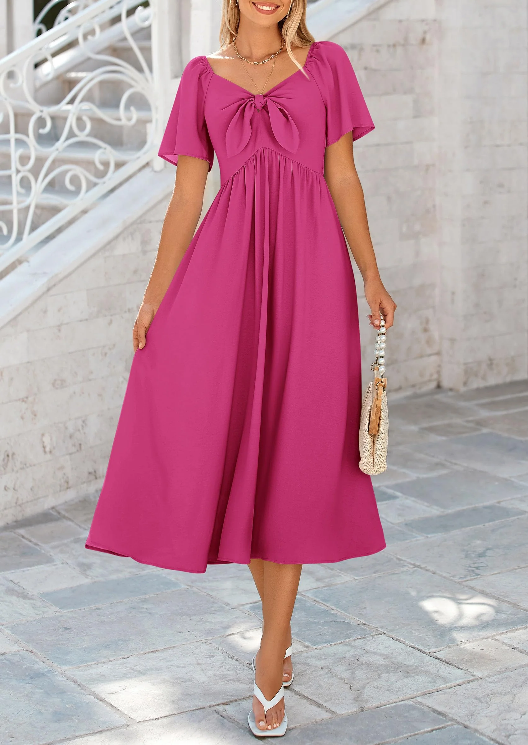 PRETTYGARDEN Summer Dress for Women Casual Short Sleeve Bow Tie V Neck Ruffle Midi Flowy Dresses - Image 64