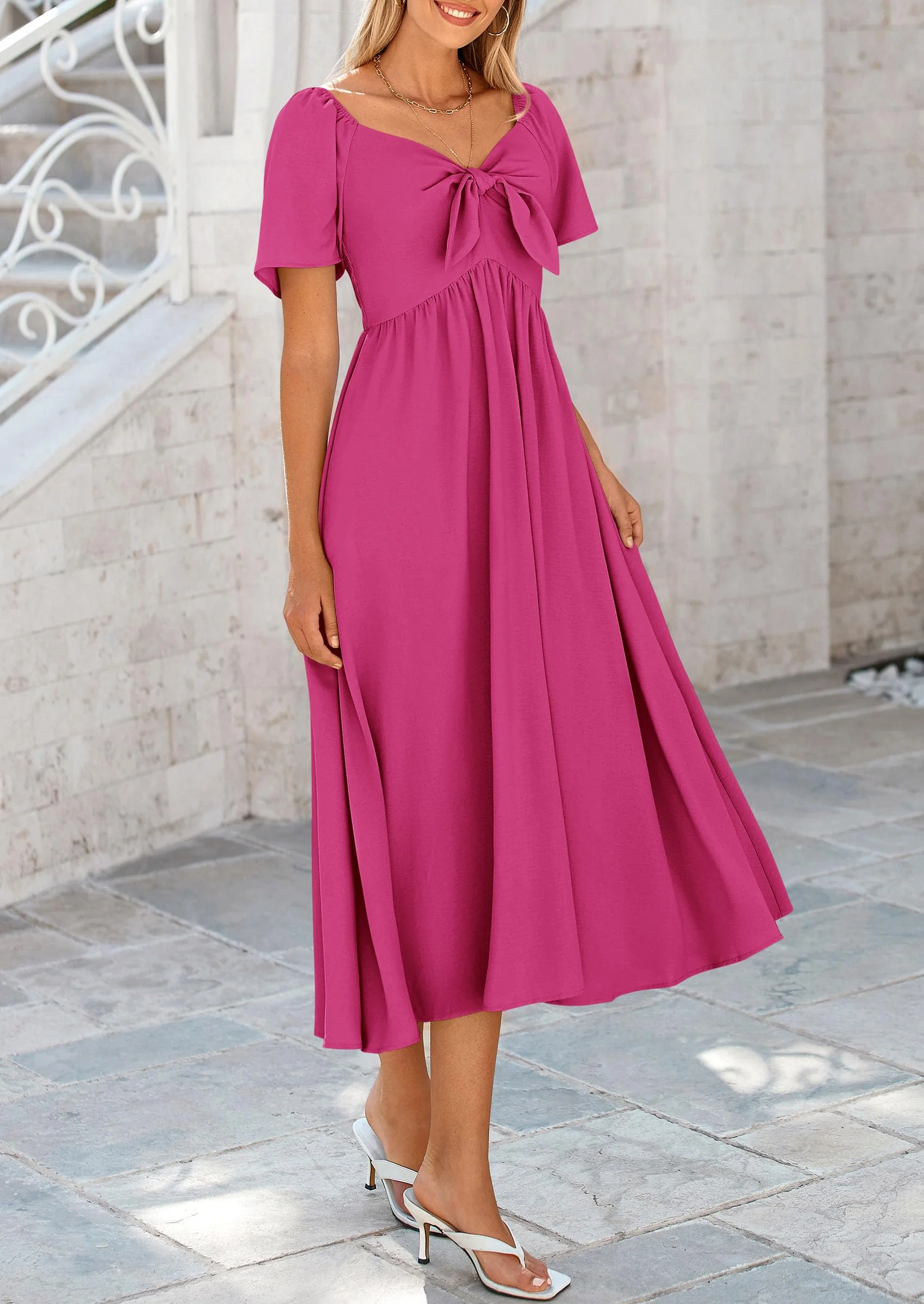 PRETTYGARDEN Summer Dress for Women Casual Short Sleeve Bow Tie V Neck Ruffle Midi Flowy Dresses - Image 65