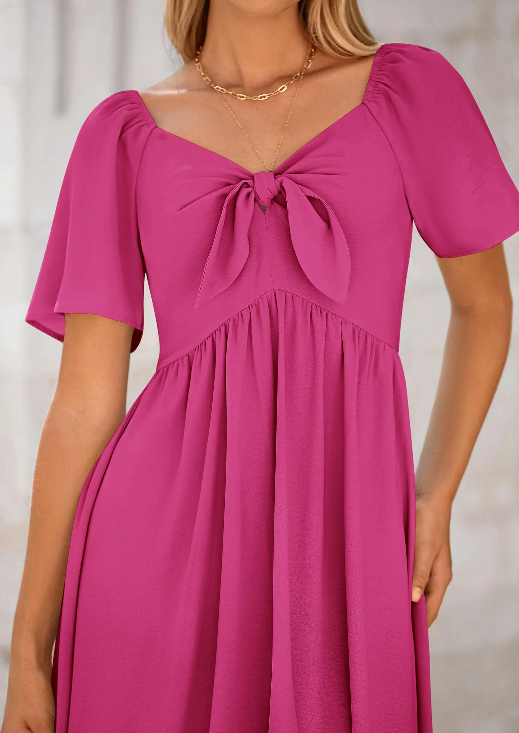 PRETTYGARDEN Summer Dress for Women Casual Short Sleeve Bow Tie V Neck Ruffle Midi Flowy Dresses - Image 66